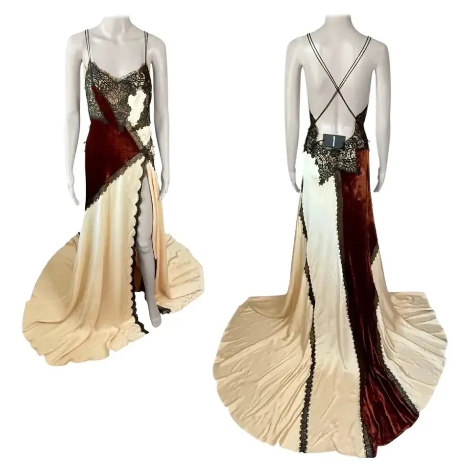 Roberto Cavalli F/W 2023 Runway Unworn Lace High Slit Train Evening Dress Gown