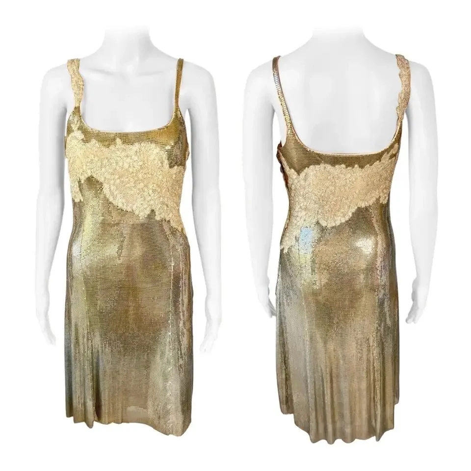Gianni Versace S/S 1997 Unworn Oroton Metal Mesh Chainmail Lace Gold Dress
