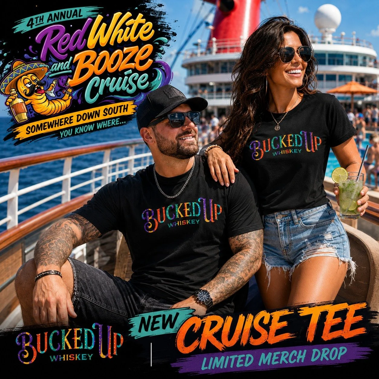 NEW CRUISE TEE DROP 🚢🔥
The new Bucked Up Whiskey shirt is here and ready for the 4th Annual Red, White &amp; Booze Cruise.

Bright colors. Cruise vibes. Limited merch.
Whether you&rsquo;re posted up on deck, by the pool, or getting ready for the pa