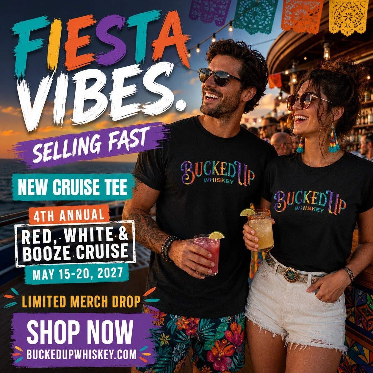 FIESTA VIBES. SELLING FAST. 🚢🔥

Y&rsquo;all are not playing around &mdash; tons of cruise tees sold yesterday.

The new Bucked Up Whiskey Cruise Tee is bringing the color, the party energy, and the perfect fit for the 4th Annual Red, White &amp; Bo
