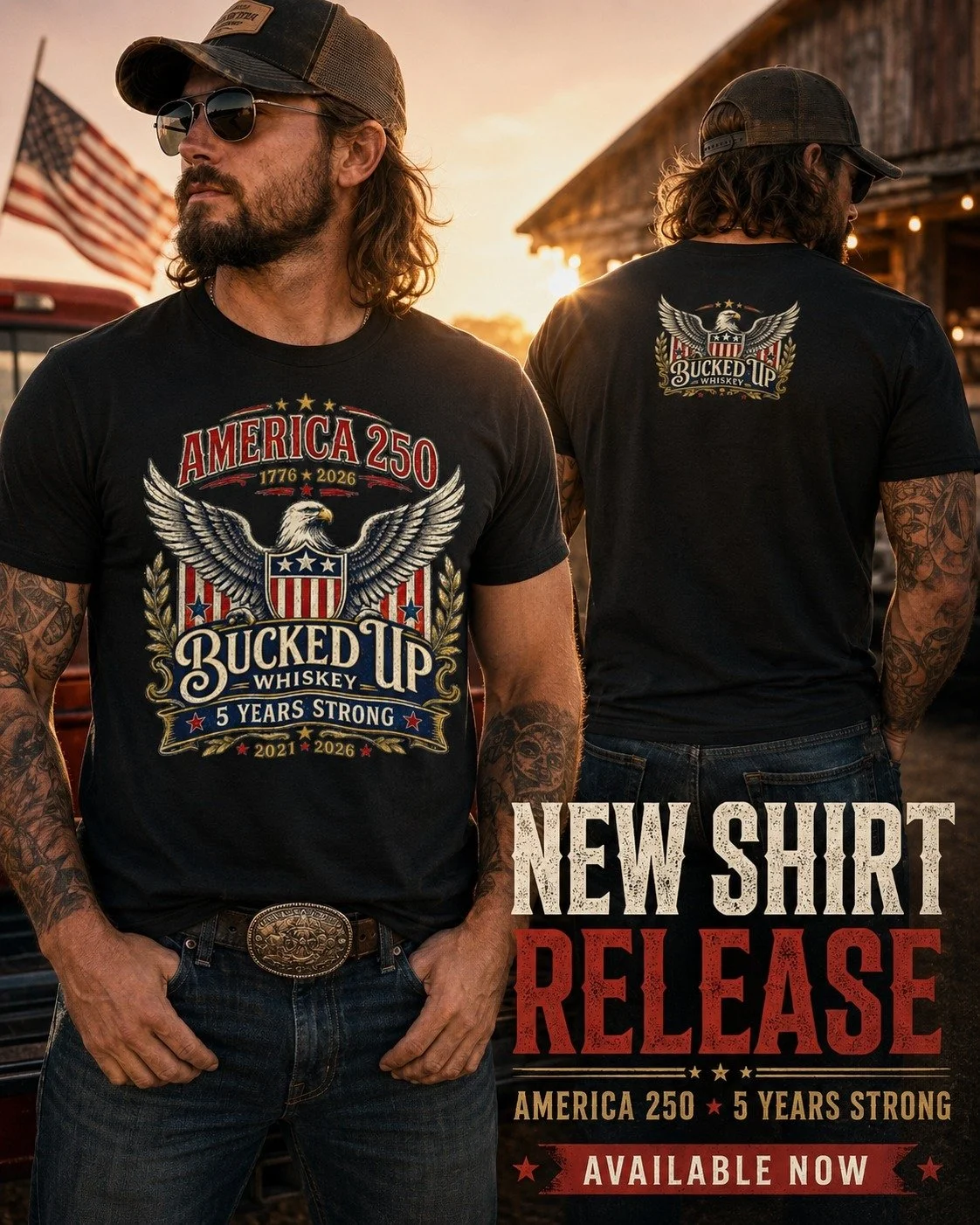 America turns 250.
Bucked Up Whiskey turns 5.

We had to mark the moment the only way that felt right &mdash; bold, patriotic, and built for the ones who&rsquo;ve been riding with us since day one.

The Bucked Up Whiskey America 250 Eagle Tee is offi