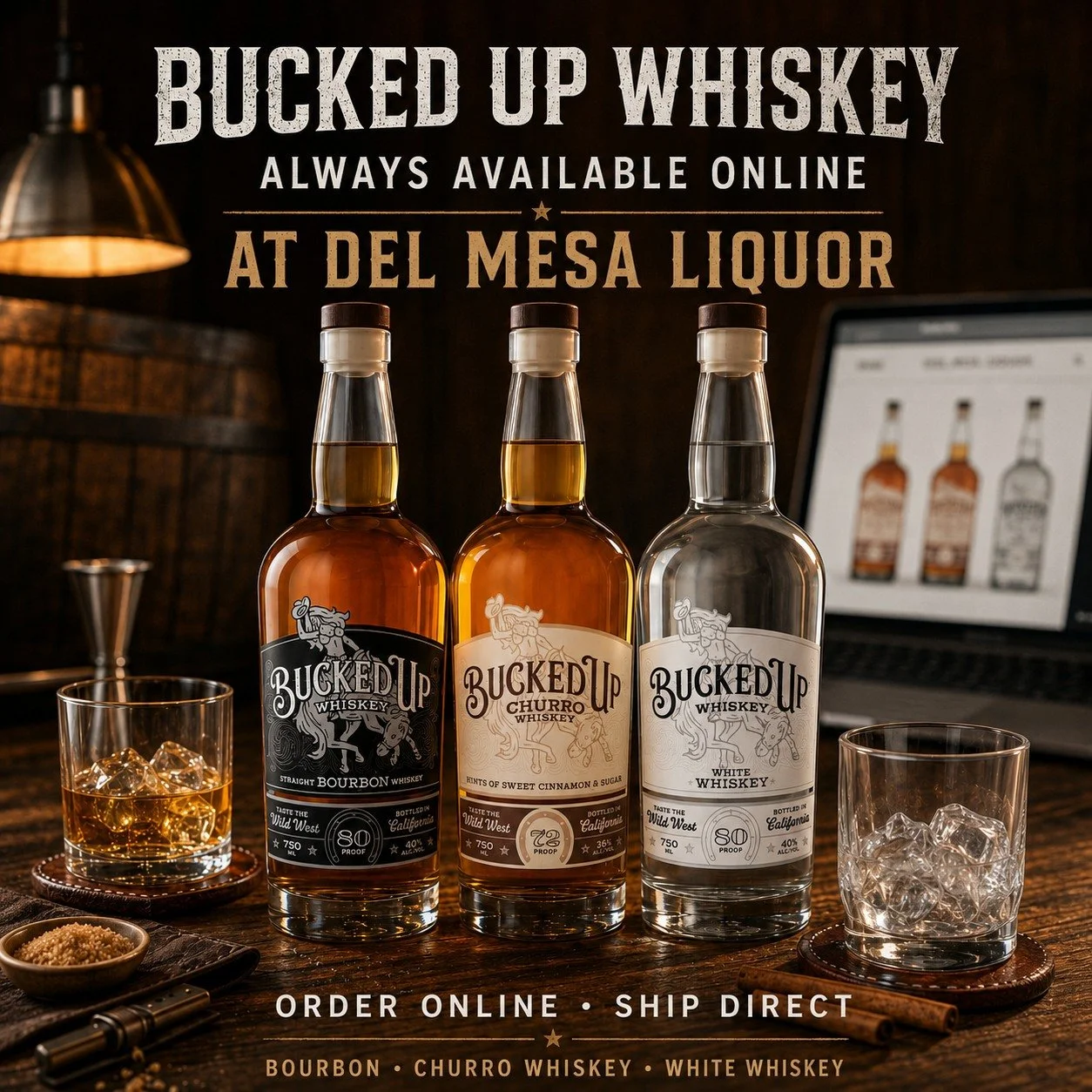Bucked Up Whiskey is always available online at Del Mesa Liquor.

Bourbon. Churro Whiskey. White Whiskey.
Stock up for the weekend, the party, the BBQ, or the next cruise.

Order online: delmesaliquor.com
Search: Bucked Up Whiskey

#BuckedUpWhiskey #