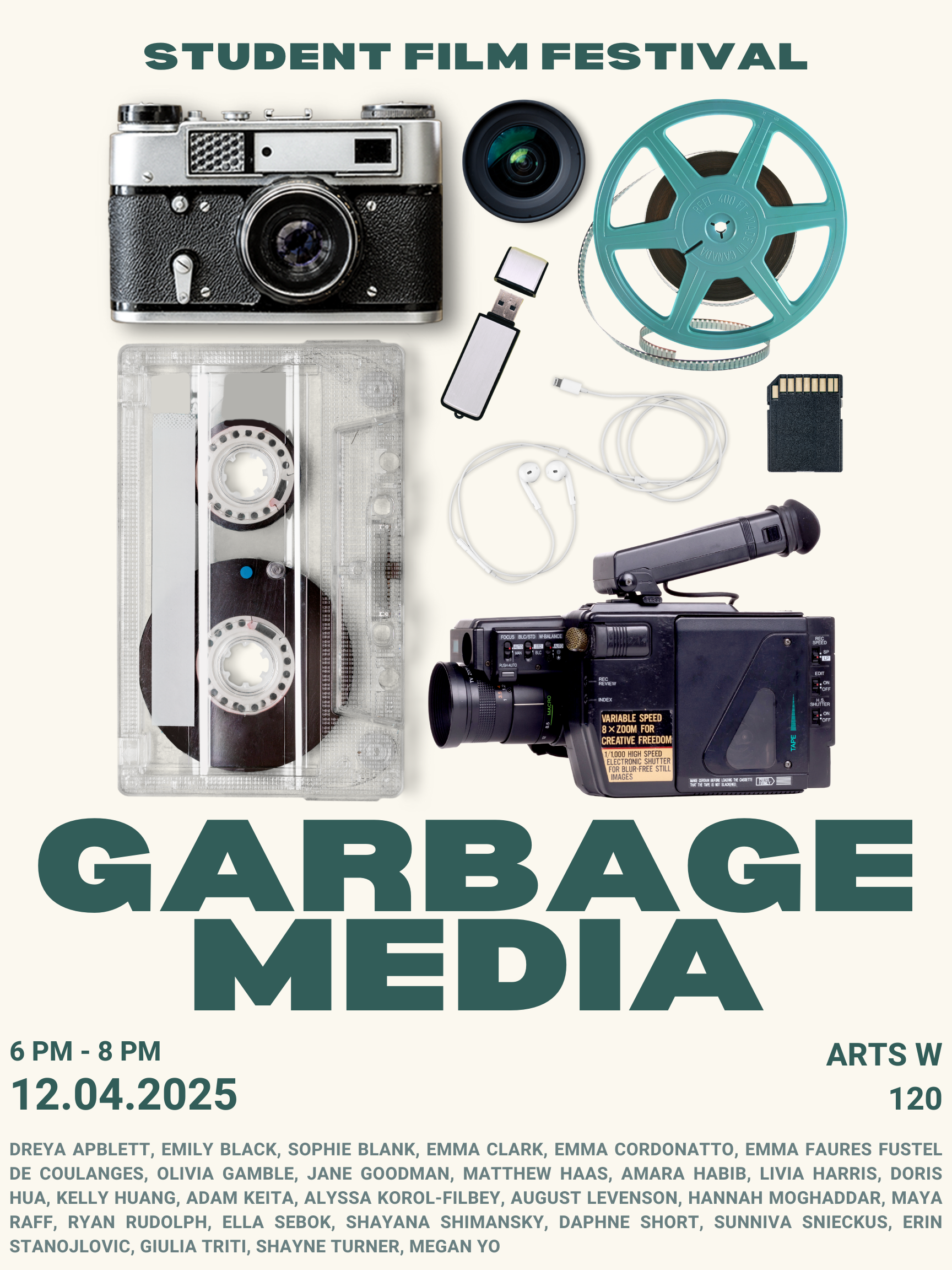 A collection of obsolete media devices assembled to advertise a student film festival called Garbage Media