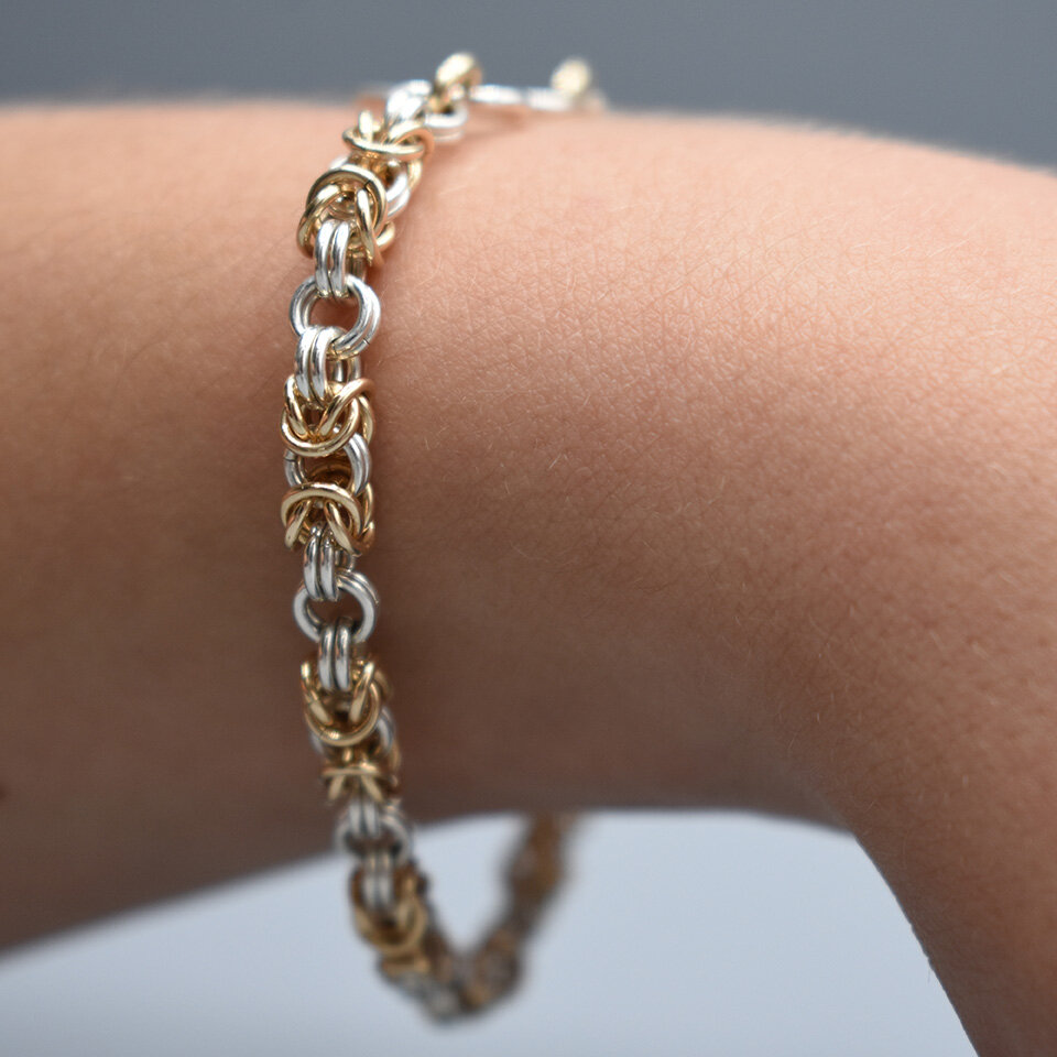 Byzantine chain, sterling silver, 14k gold, 2021