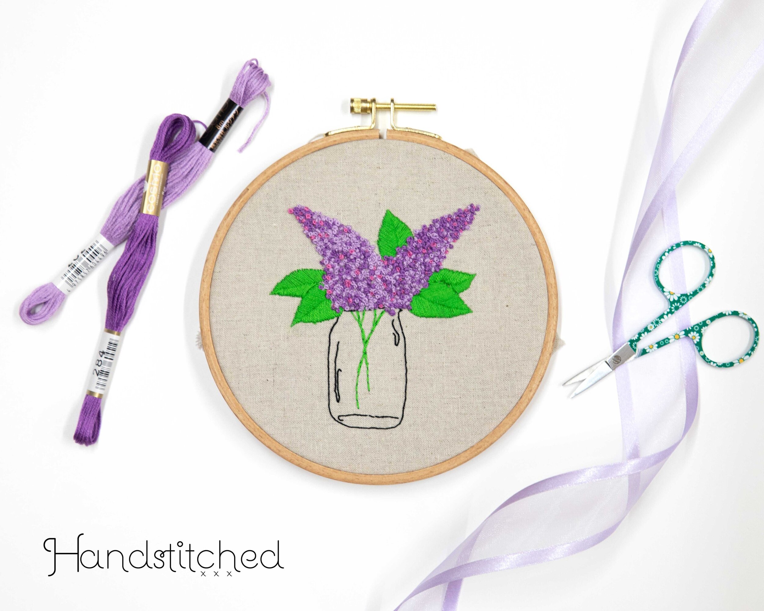 DIY Embroidery Kit Lilacs in a mason jar - DIY Craft Kit - Beginner Embroidery  Kit - purple floral Embroidery Kit - french knot kit — Handstitched Studio