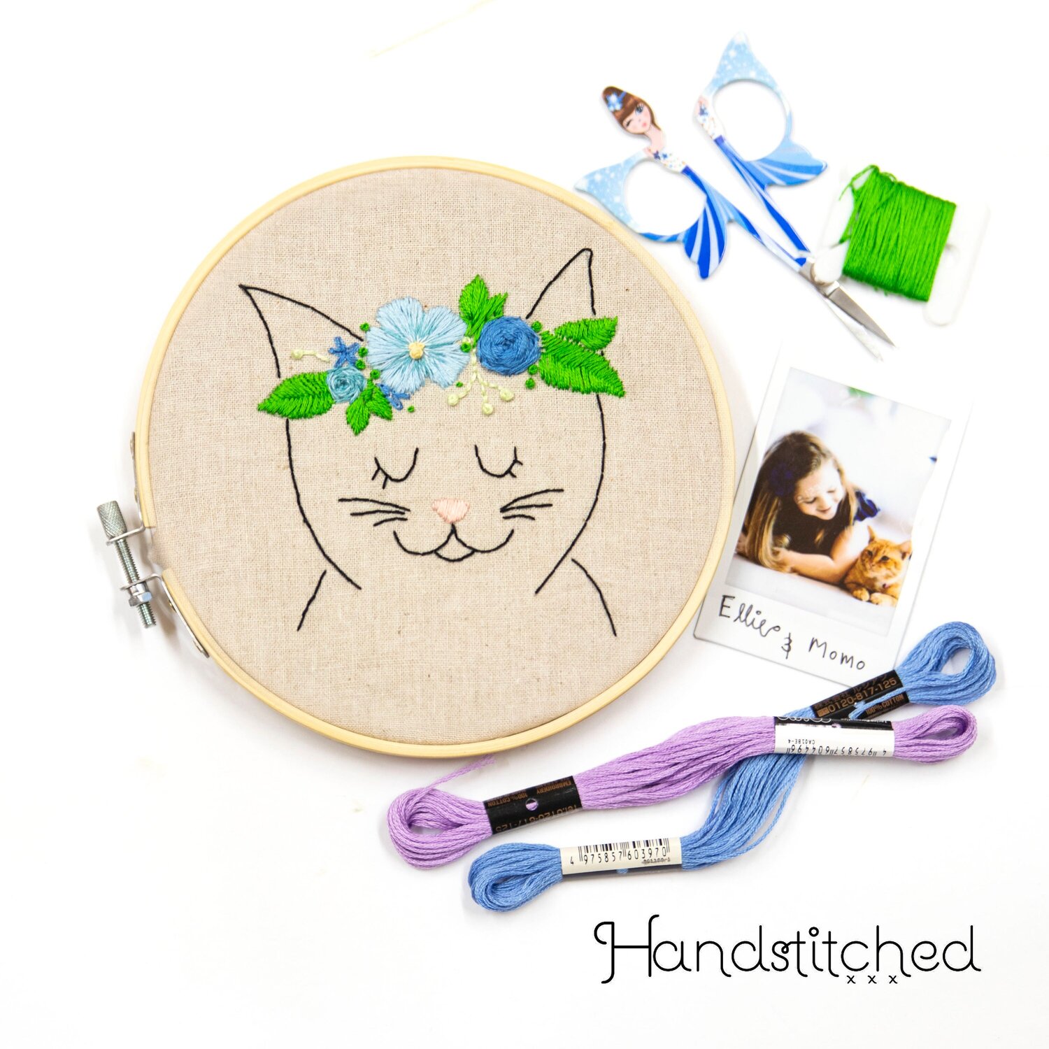 Floral cat embroidery kit — Handstitched Studio