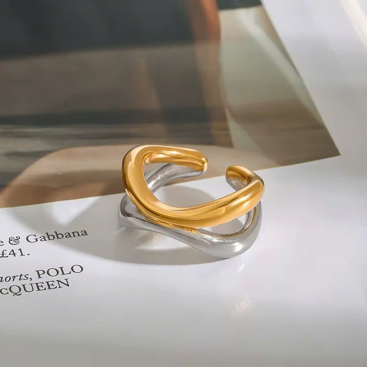 RGT126. Stainless Titanium Layered Silver Mix Gold Open Ring (Freesize)
