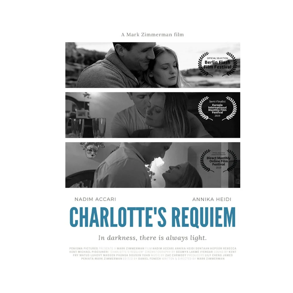 A movie poster for 'Charlotte's Requiem' featuring three black-and-white scenes of a man and a woman, with awards from film festivals, and the tagline 'In darkness, there is always light.'