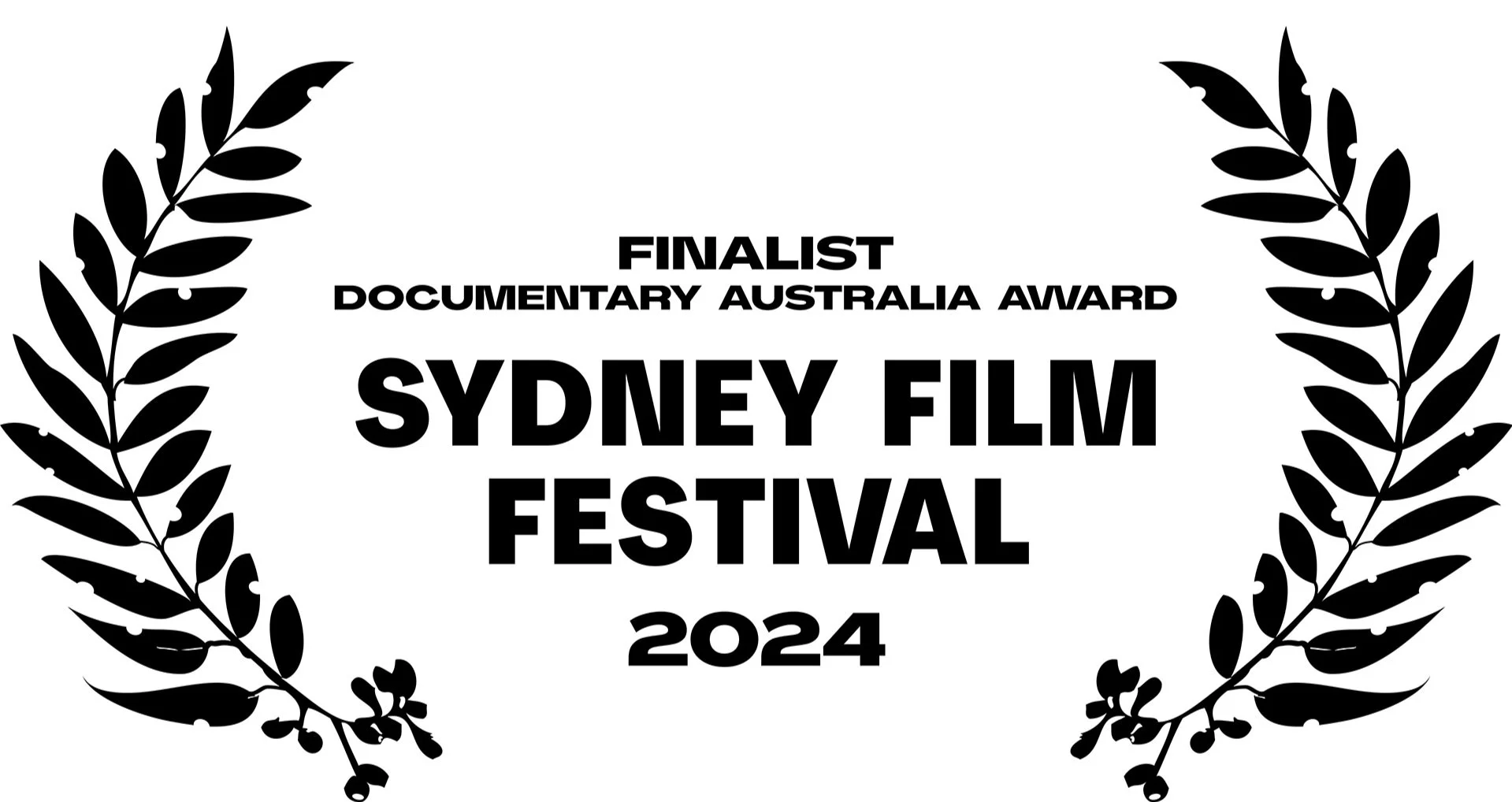 Award certificate for the Sydney Film Festival 2024, finalist in the Documentary Australia Award category, featuring black laurel wreath on white background.