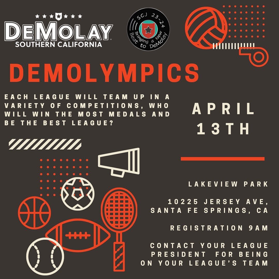 Hello SCJ! We have our next sports event coming up on April 13th. We will be doing the DeMolympics with 10 different sporting events. Join us and help your league win.