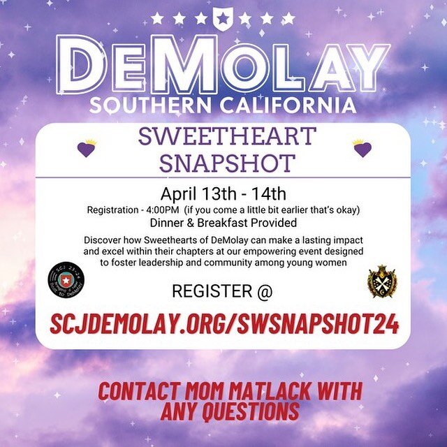 🌟 Calling all young leaders! Join us for &lsquo;Sweetheart Snapshot&rsquo; and discover how you can empower yourself and support your local DeMolay chapters as a sweetheart. 🎉 Learn about leadership, empowerment, and making a difference in your com