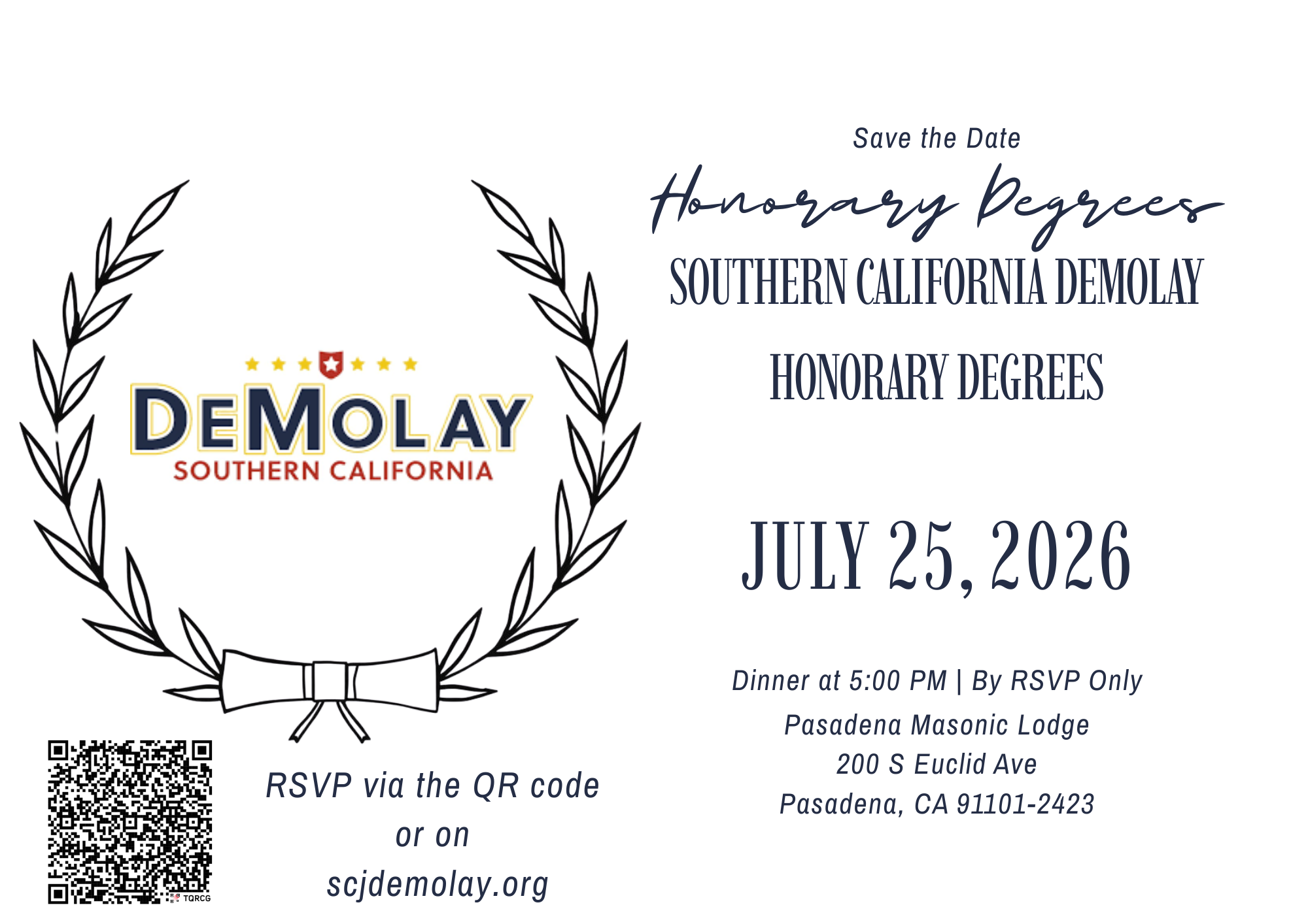2026 SCJ DeMolay Honorary Degree Night DINNER ONLY Ticket