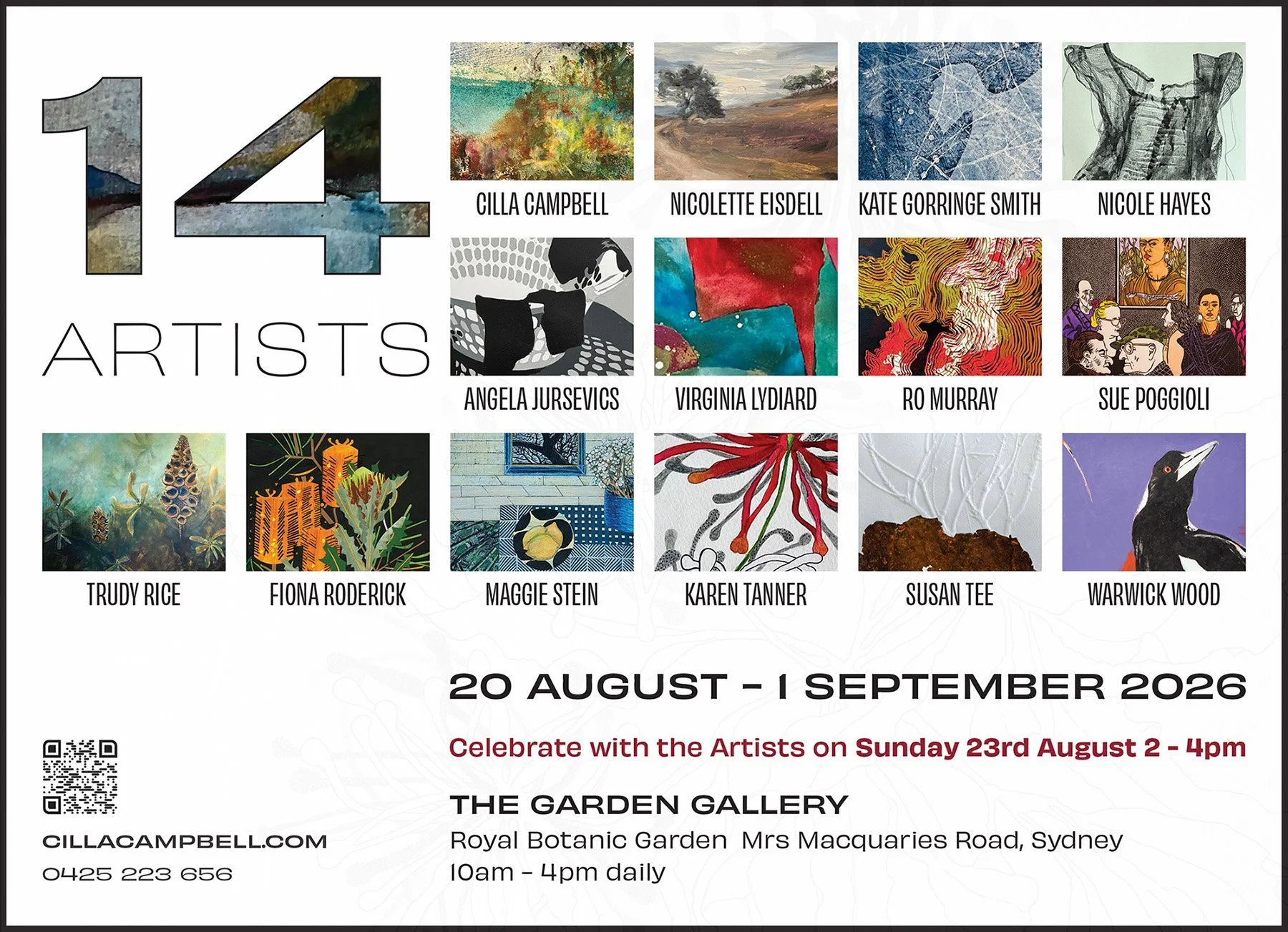 Flyer for the 14 Artists exhibition, showing one work by each of the fourteen artists, with the dates, venue and opening hours also given as text above.