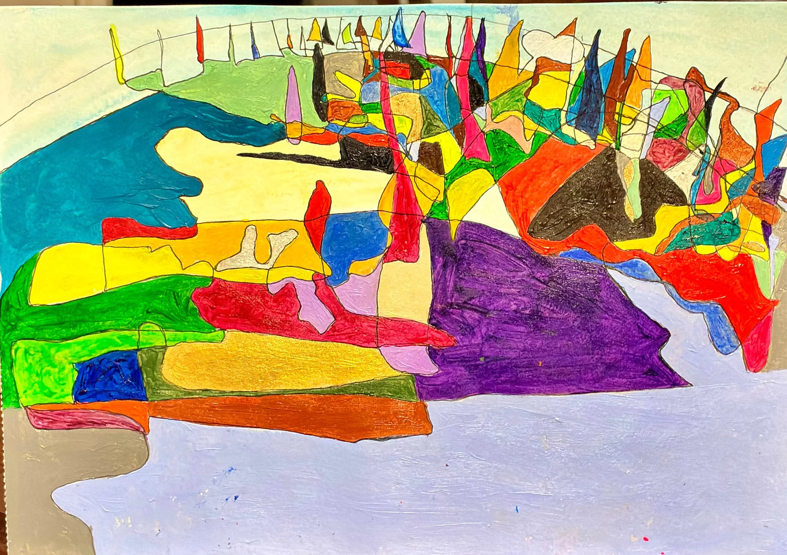 Harbour at the Edge of Sleep – Acrylic and pen – 210 × 297 mm