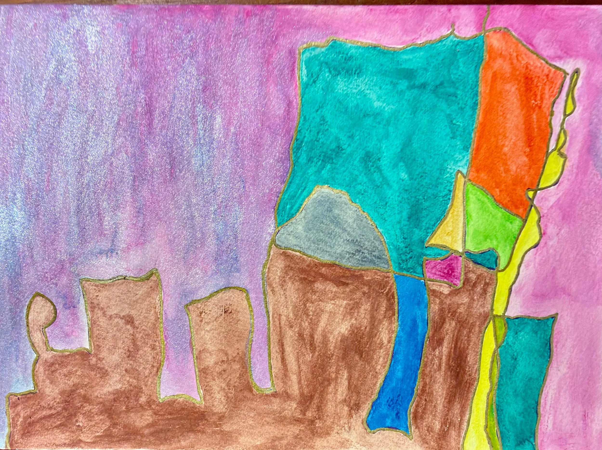 City in Violet – Watercolour and pen – 210 × 297 mm