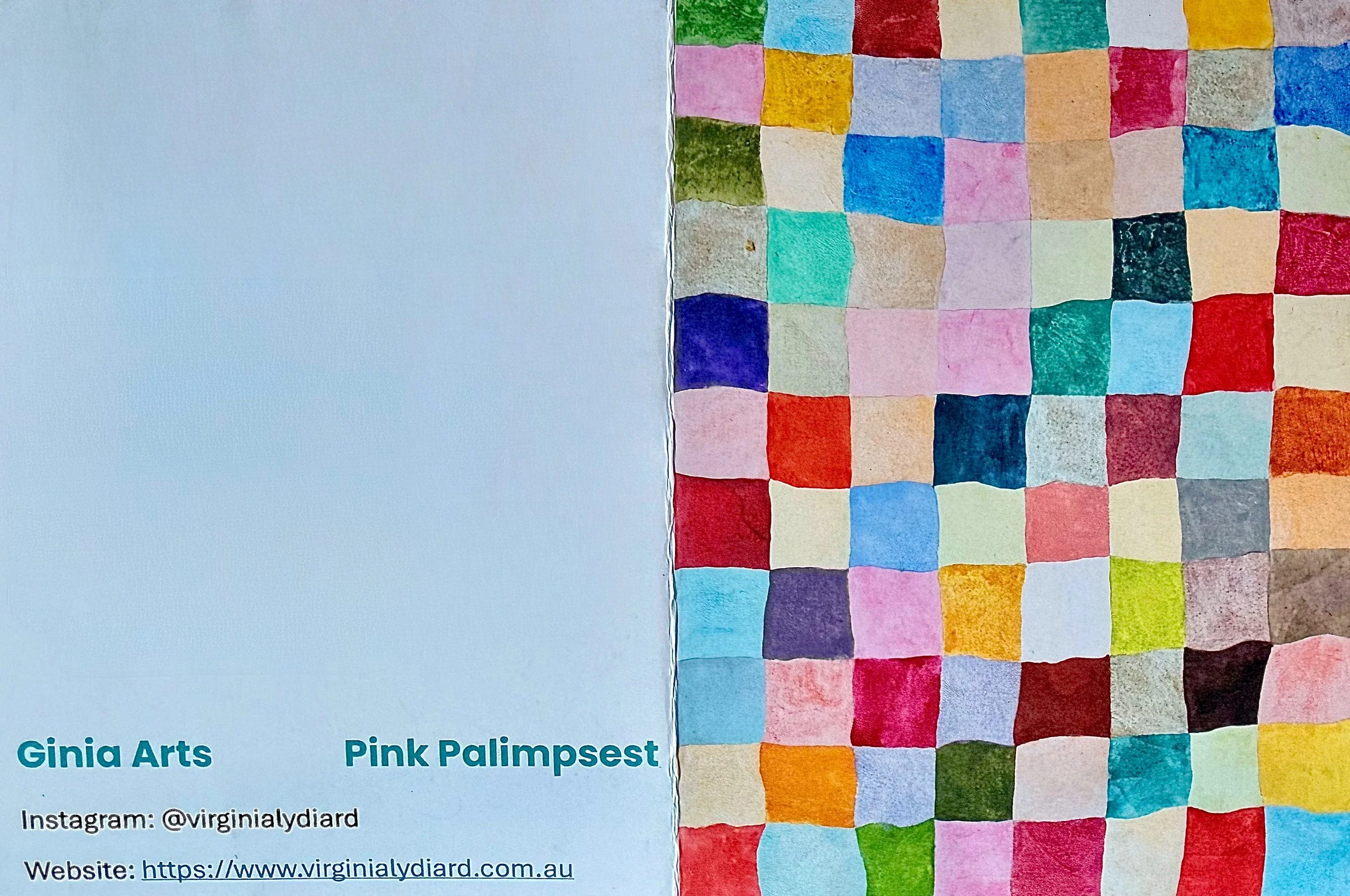 Greeting card printed from Pink Palimpsest, a grid of hand-painted watercolour squares.