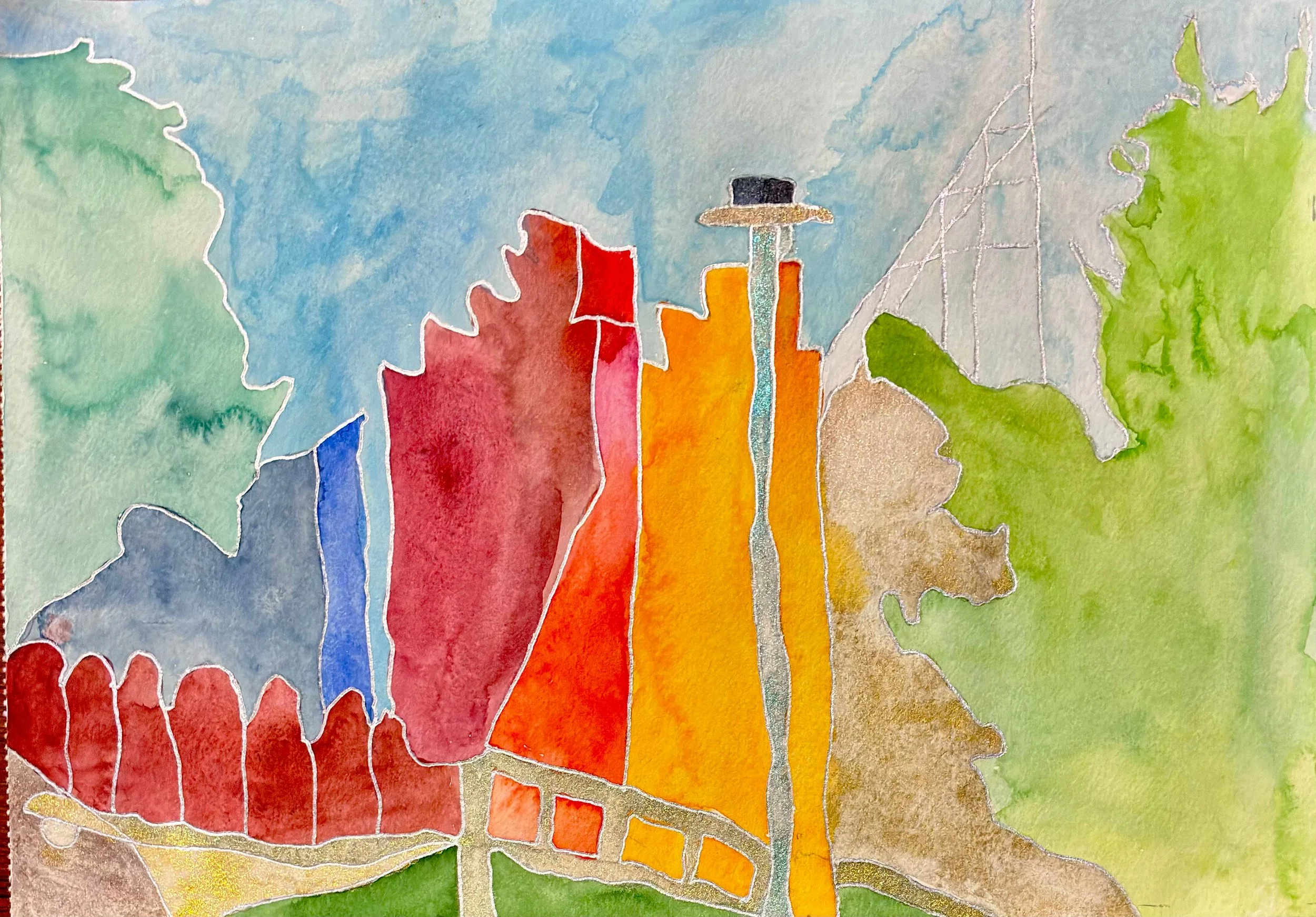 Silver City from Embarkation Park – Watercolour and pen – 210 × 297 mm