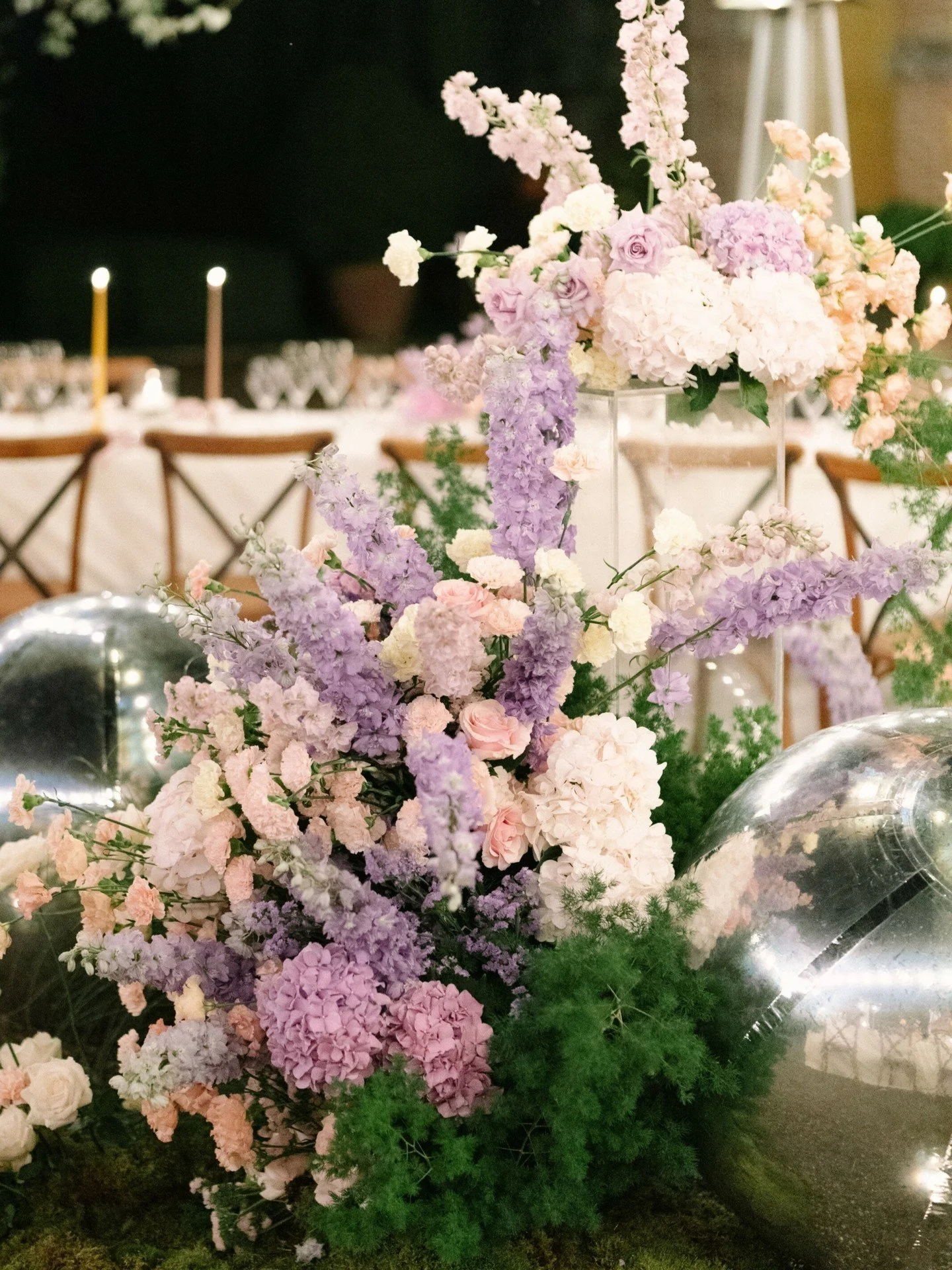 Giant silver spheres were the THING.

When drawing up the design for Jess and Haydn, it was easy to lean into Jess' ethereal femininity and her preference for pastels. But... that's not enough for me.
Haydn's grounded masculinity needed to be in ther