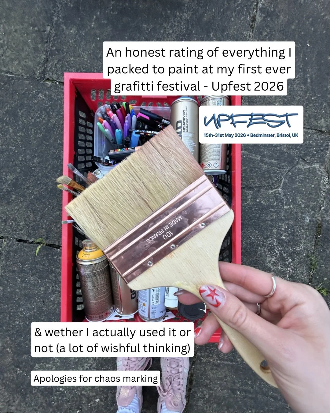 Some questionable packing choices here&hellip;

It was my first time painting at @upfest and I had no idea what I should pack - so my solution was to chuck in everything and hope for the best 

So here&rsquo;s an honest rating, post event, of what I 