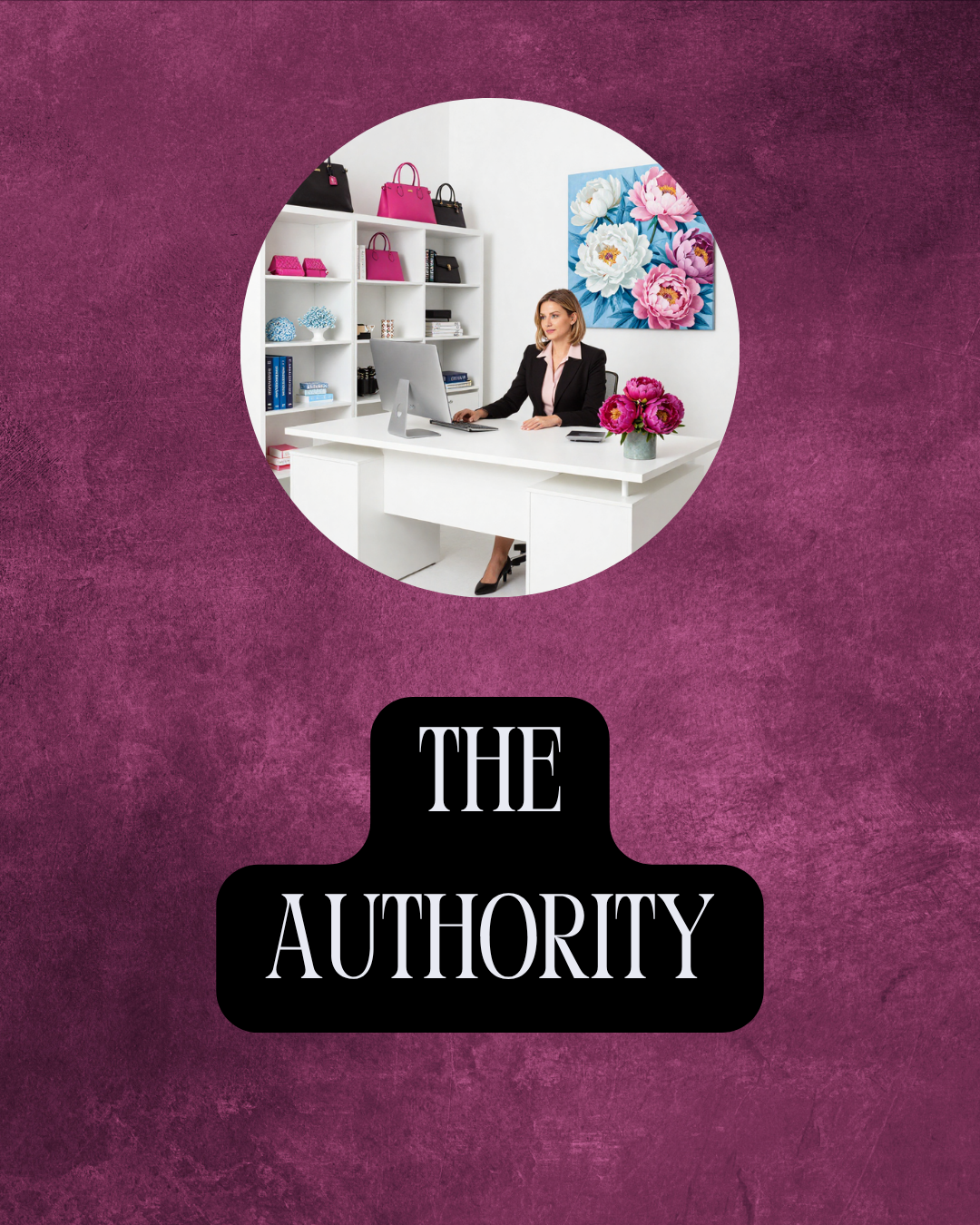 Image of Woman sitting at a desk with high end purses, bags, and wall art behind her and to the side of her highlighting the EmBeance E-Commerce Authority Package In Marketing Management Services.