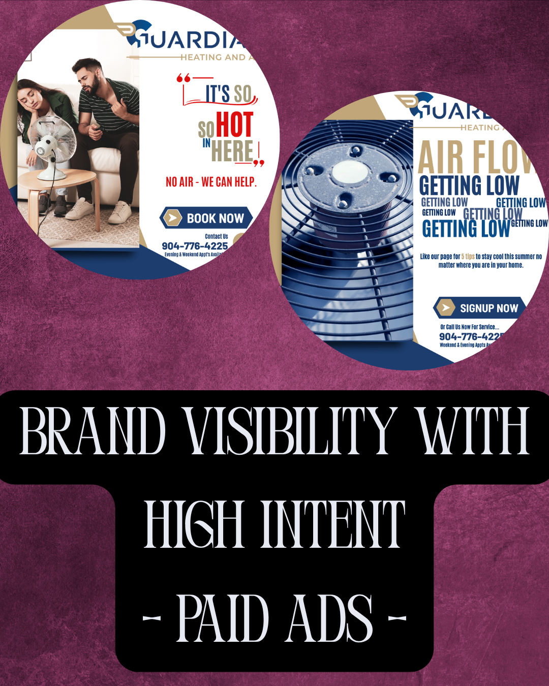 Image highlighting Brand Visibility with high intent through paid ads.  Image shows 2 previous ads that have run for an HVAC company across Meta created by Misty Burrell at EmBeance Marketing & Design using her Home Is Where The Heart Is Local Market