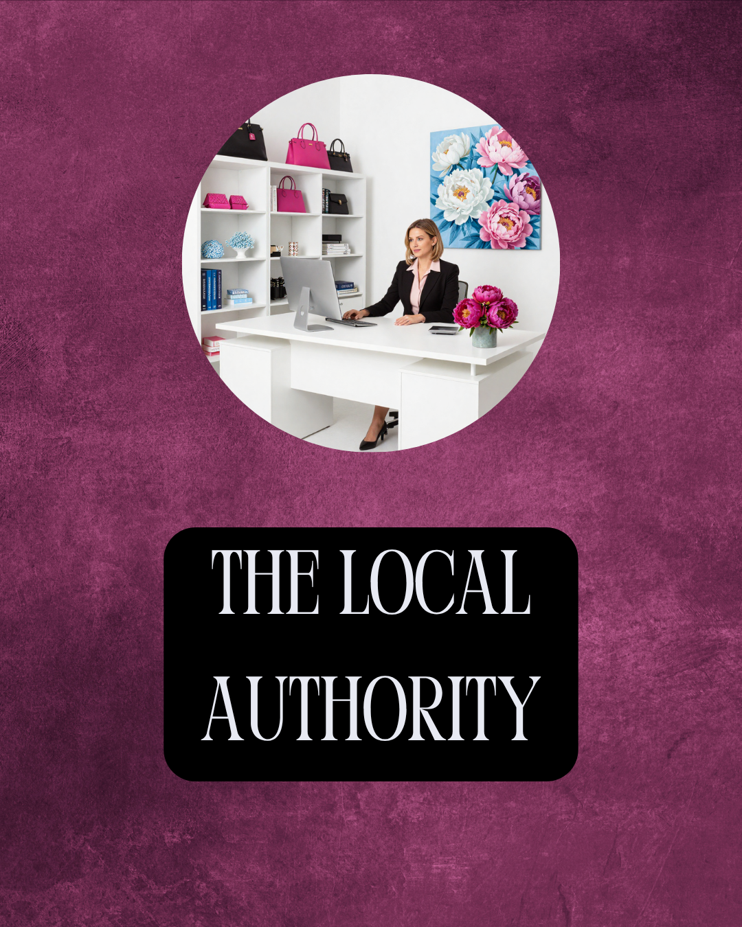 Image of woman behind a desk with high end purses books and artwork behind her highlighting the The Marketing Authority Package at EmBeance.