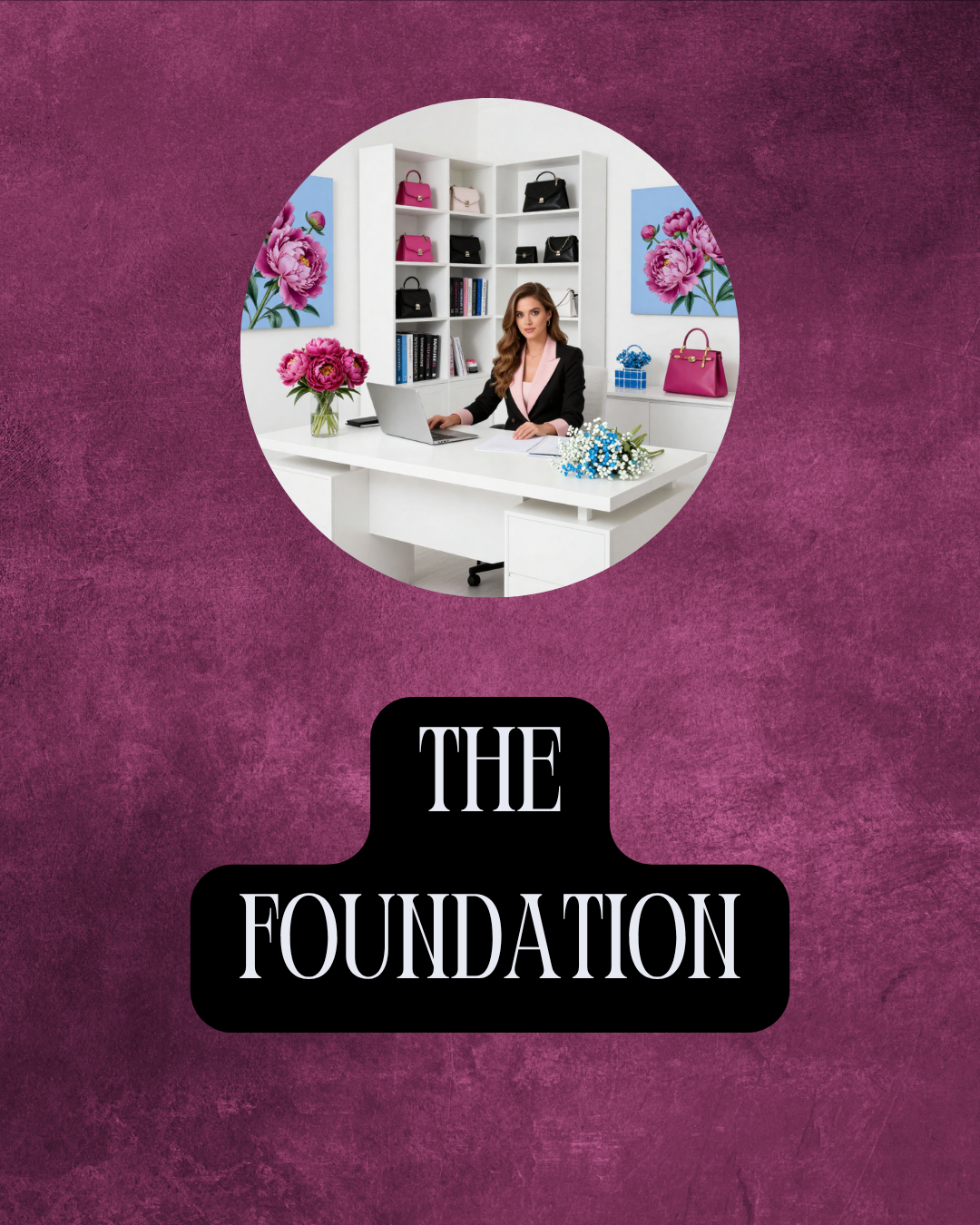 Image of woman behind a desk with high end purses books and artwork behind her highlighting the The Marketing Foundation Package at EmBeance.