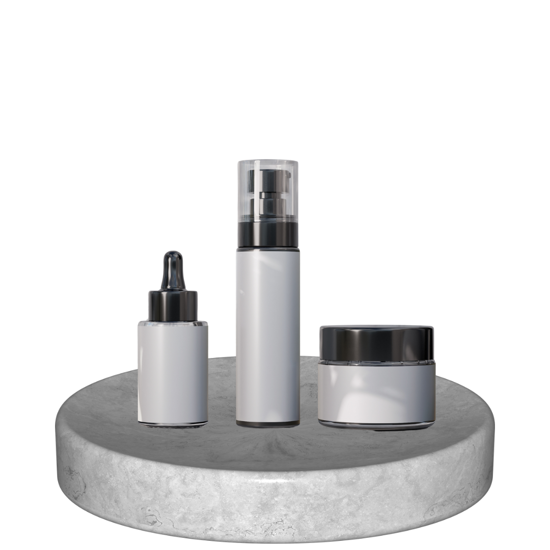 Image of a silver tincture bottle, perfume bottle, and body butter jar highlighting search, display, and product ad setup up management services by Misty Burrell, Founder of EmBeance Marketing & Design.