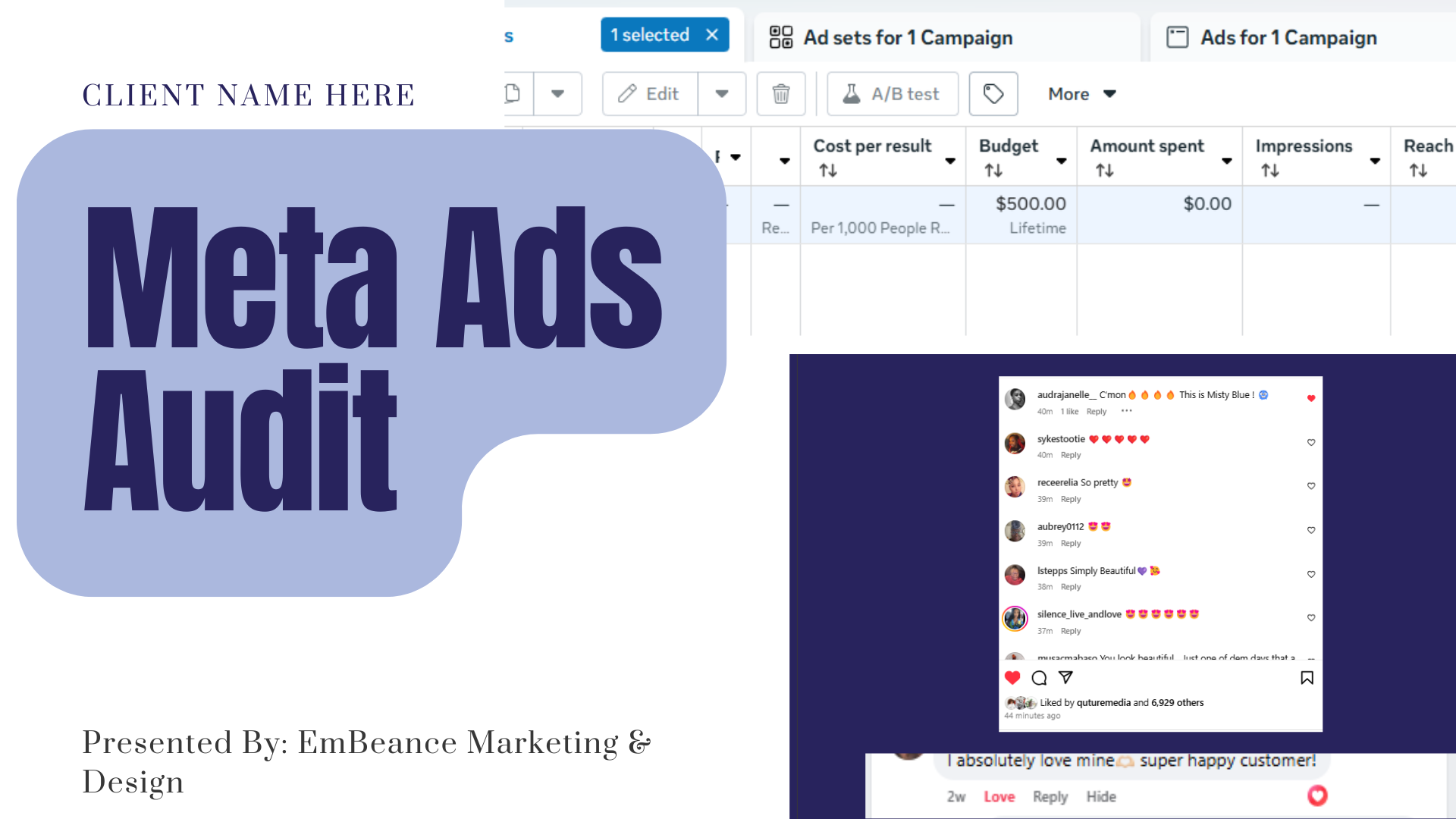 The original Meta Ads audit Service by EmBeance Marketing & Design based out of Columbus GA and Auburn Alabama.