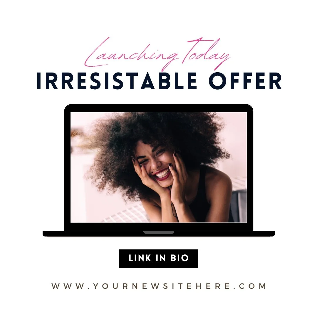A promotional graphic with the text 'Launching Today Irresistible Offer' above an image of a smiling woman with curly hair inside a laptop screen, with a button that says 'Link in Bio' and a website URL.