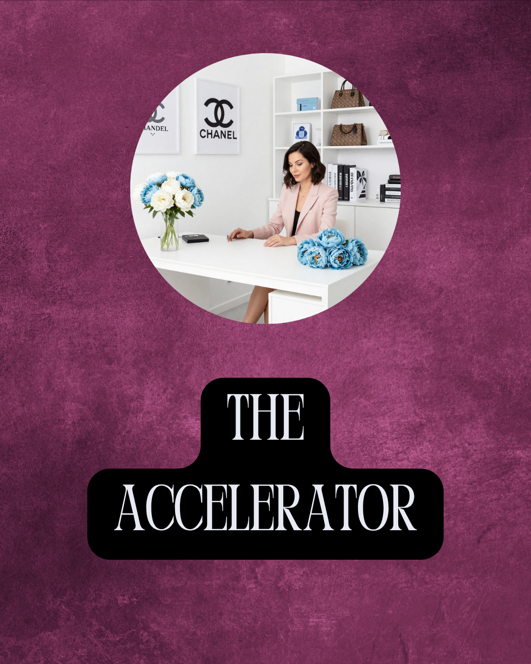 Image of woman behind a desk with high end purses books and artwork behind her highlighting the The Marketing Accelerator Package at EmBeance.