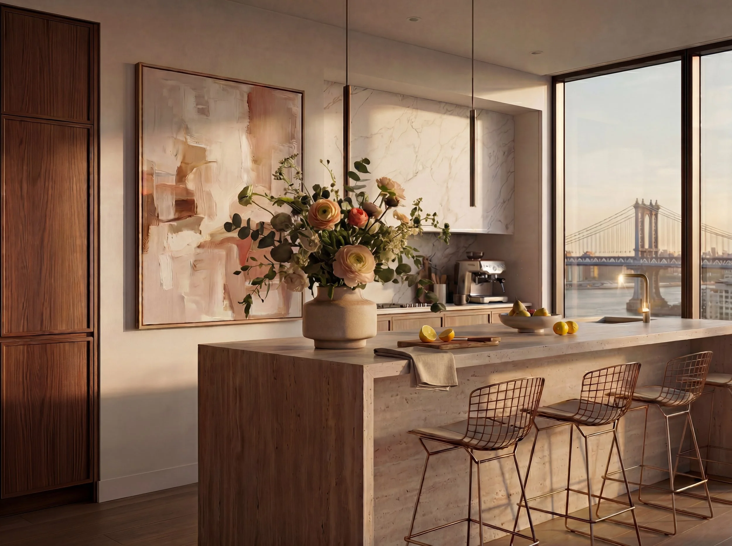 Modern kitchen with a large marble island, a flower arrangement, lemons, and a view of the Brooklyn Bridge through floor-to-ceiling windows.