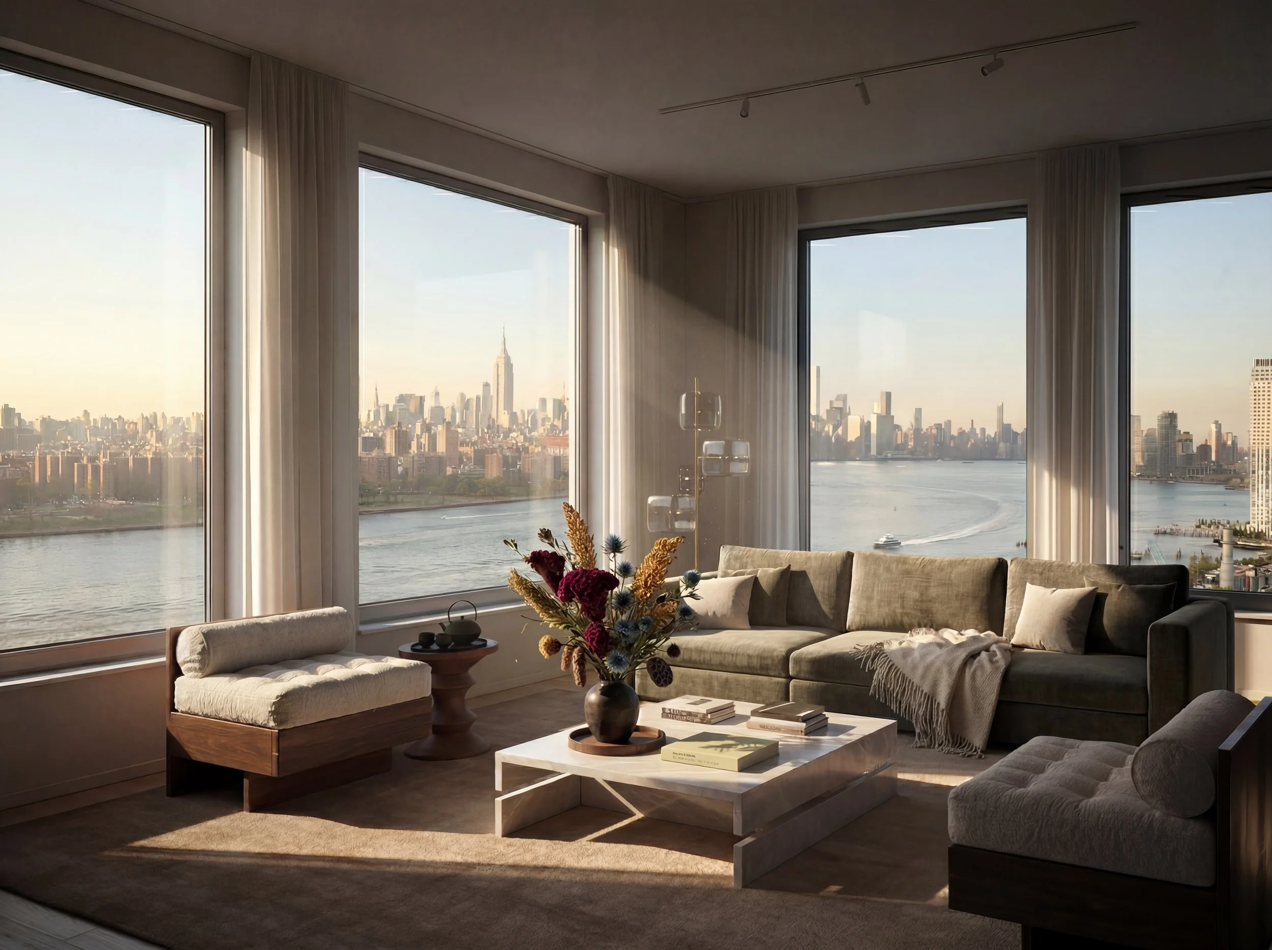 Living room in an apartment with large windows showing a city skyline and river, beige sofa with pillows, marble coffee table with books and a flower arrangement, sunlight streaming in.