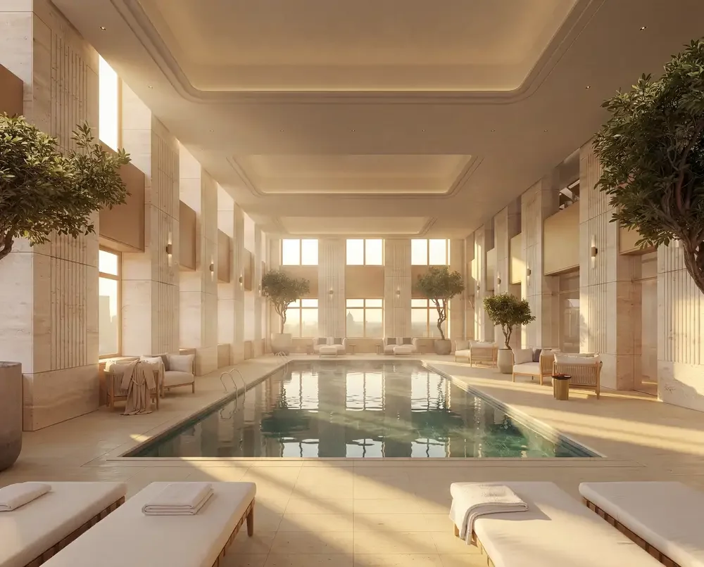 Luxurious indoor swimming pool with large windows, natural light, potted trees, and lounge chairs with towels.