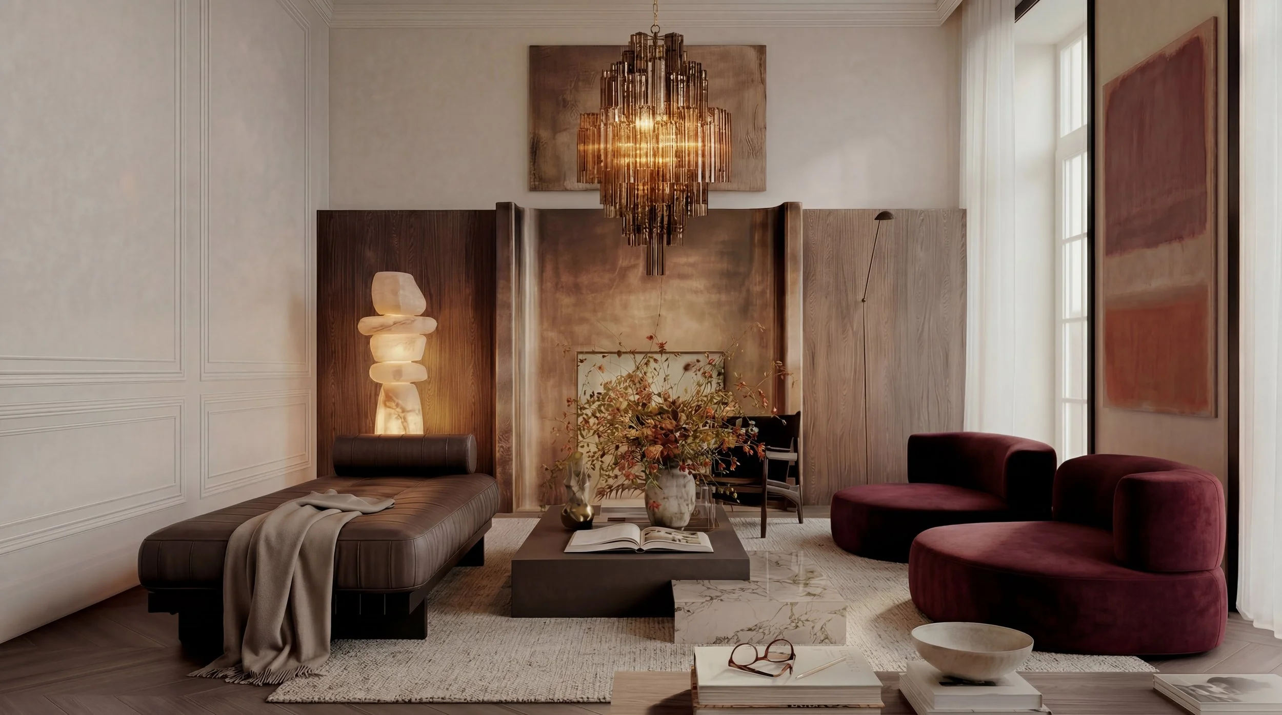 Elegant living room with a modern chandelier, contemporary art, marble accents, and plush seating in burgundy and neutral tones.