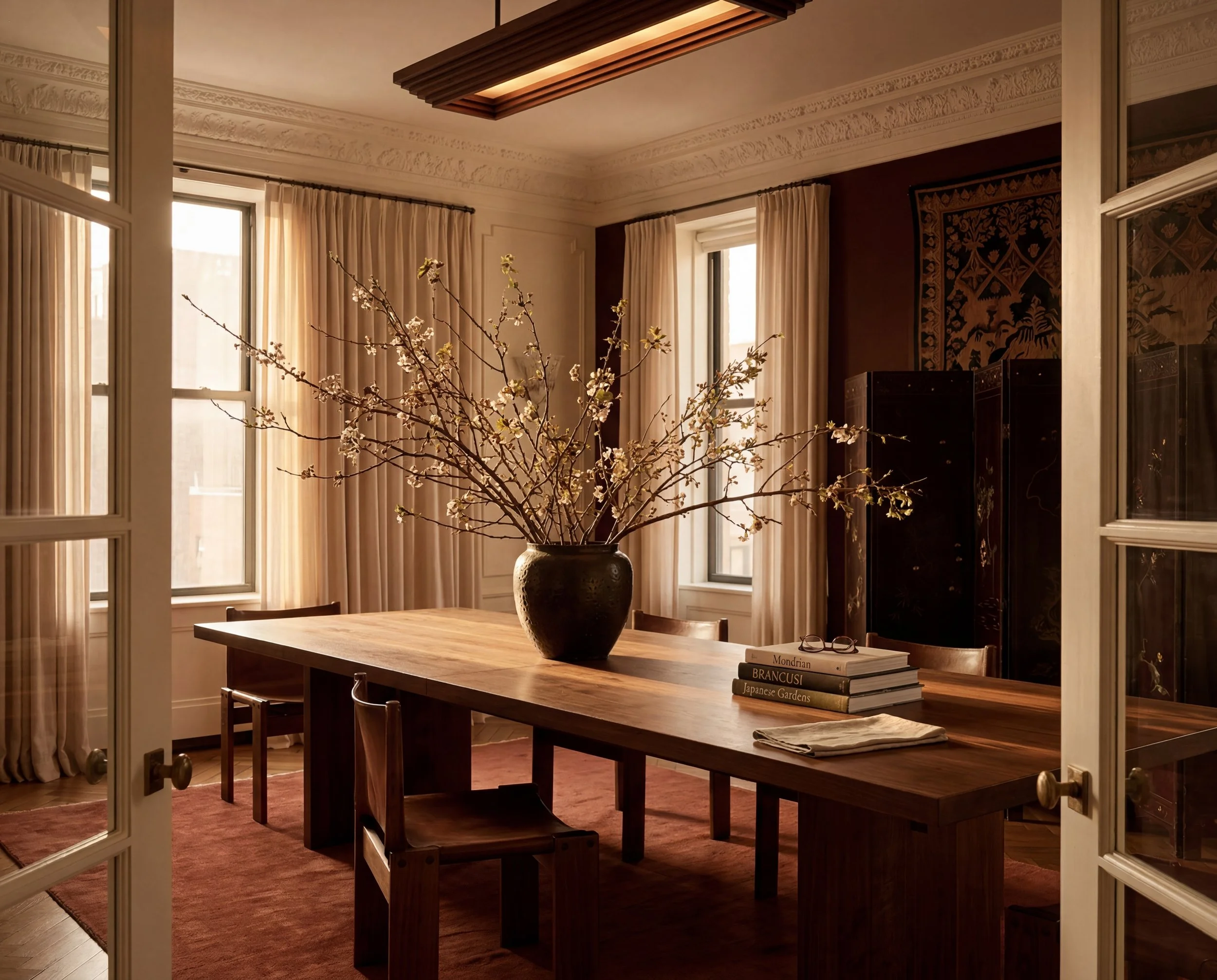 A dining room with a large wooden table, a vase with branches, books, and chairs, illuminated by natural light from windows with curtains.