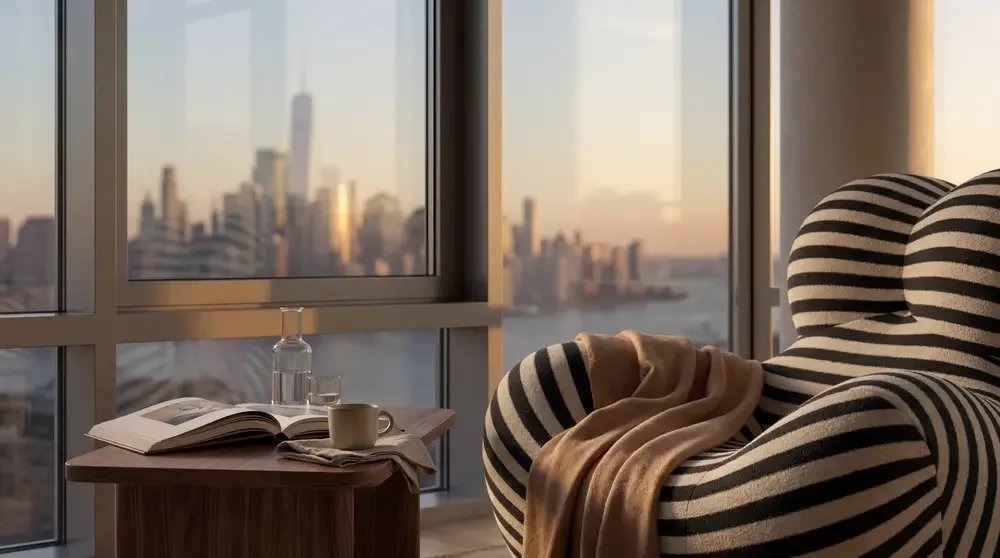 A cozy armchair with black and white stripes and a beige blanket draped over it, next to a small wooden table with an open book, a glass of water, and a coffee cup. Large windows reveal a city skyline at sunset in the background.