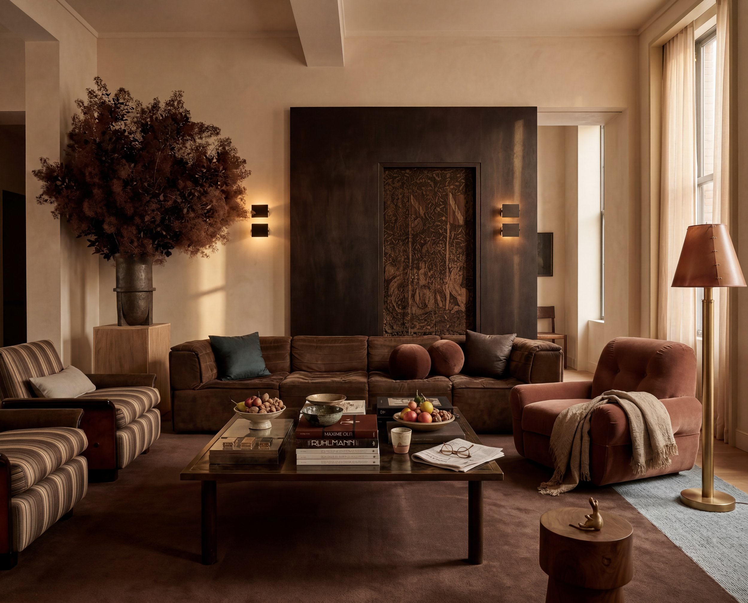 Cozy living room with brown sofas, a wooden coffee table, a large bouquet of dried flowers in a tall vase, floor lamp, and decorated walls.