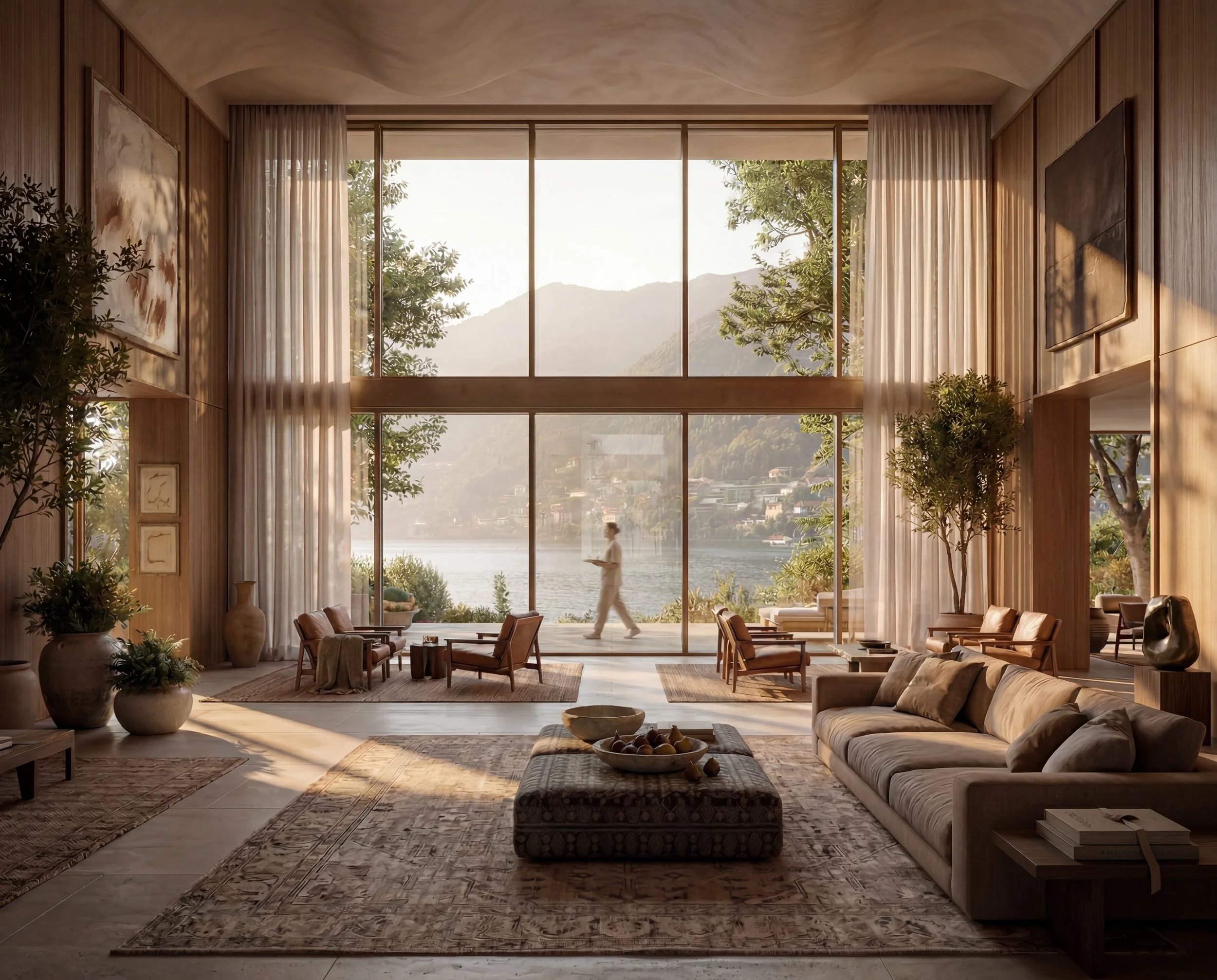 A spacious living room with large glass windows overlooking a lake and mountains. The room has wooden panel walls, potted plants, and various seating including a beige sofa, armchairs, and a patterned ottoman. Rugs and decorative items are also visib