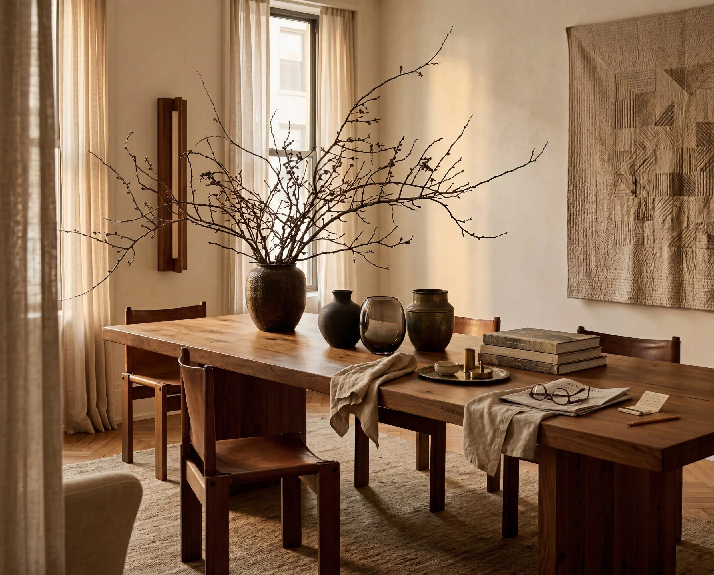 A wooden dining table with a large vase holding branches, along with smaller vases, books, a tray with glasses, and newspapers, set in a room with beige curtains and textured wall art.