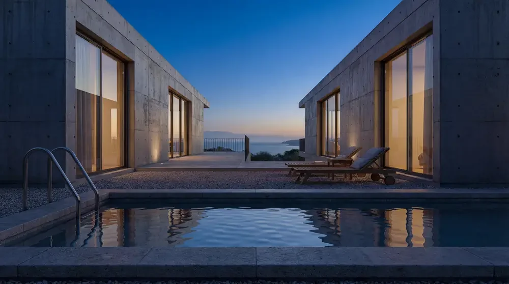 Modern concrete house with glass doors and windows overlooking a pool and ocean at sunset, with lounge chairs beside the pool.