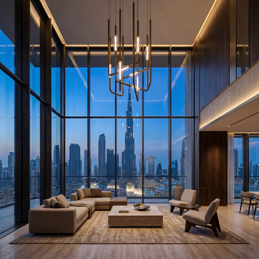 Luxury high-rise living room with floor-to-ceiling windows, city skyline view including the Burj Khalifa, modern chandelier, beige sofa, armchairs, and a wooden coffee table.
