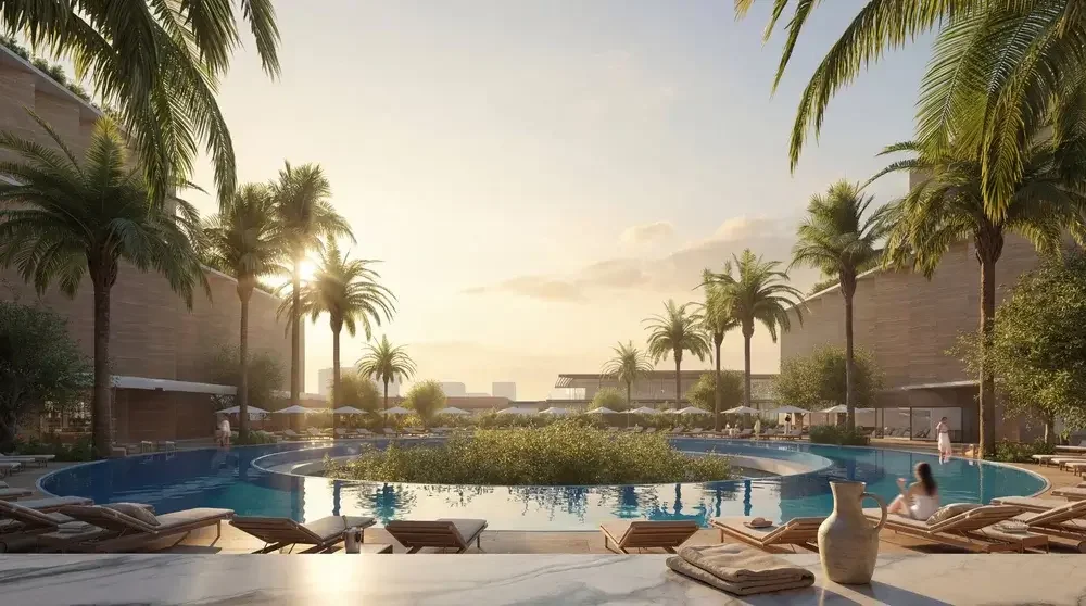 Luxury resort pool area with palm trees, lounge chairs, umbrellas, and a woman sitting by the pool during sunset.