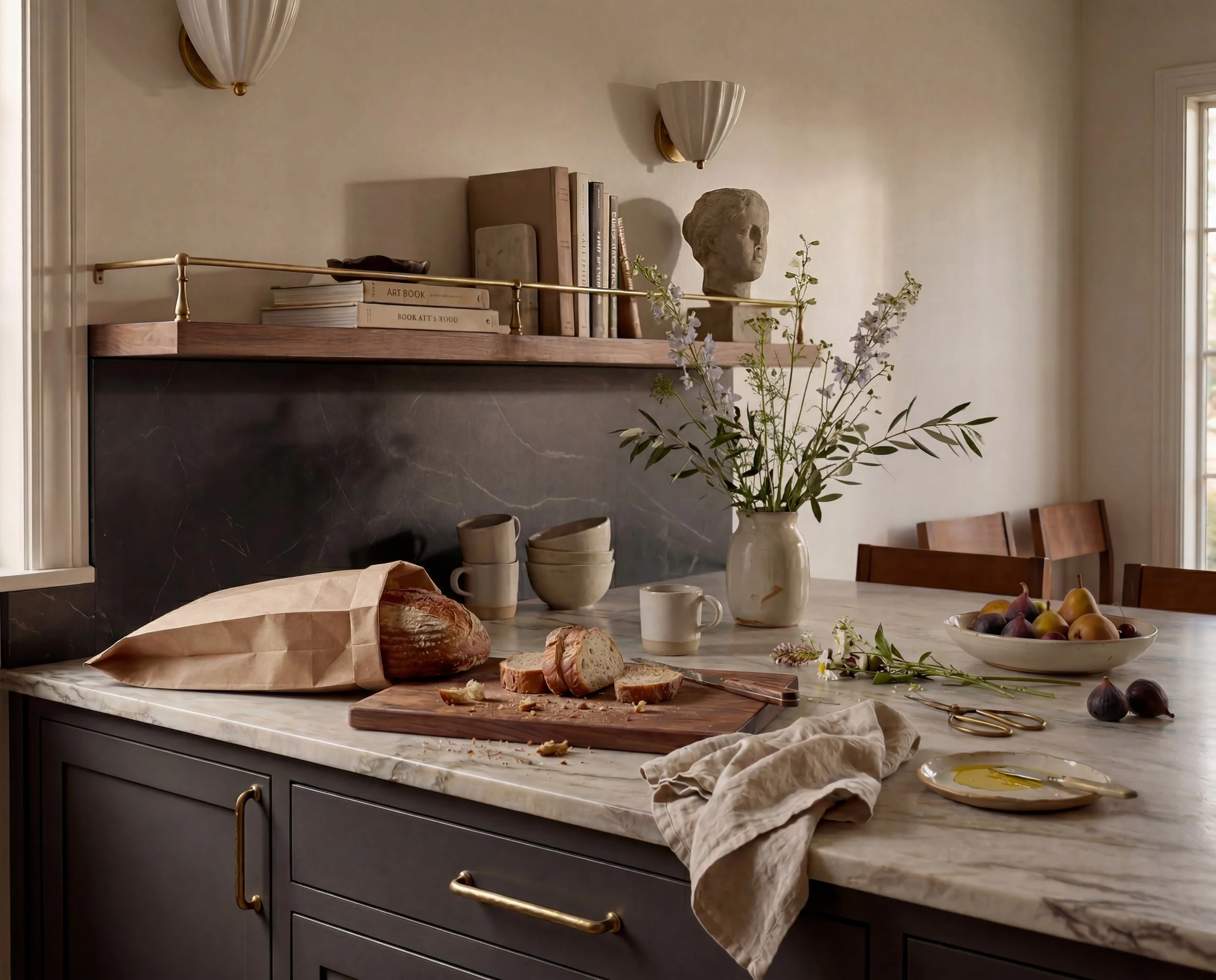 A kitchen countertop with bread on a cutting board, sliced bread, a paper bag, a ceramic mug, a vase with flowers, a bowl of pears, a plate with olive oil and a dishcloth, and kitchenware, with a window to the right and decorative shelves above.