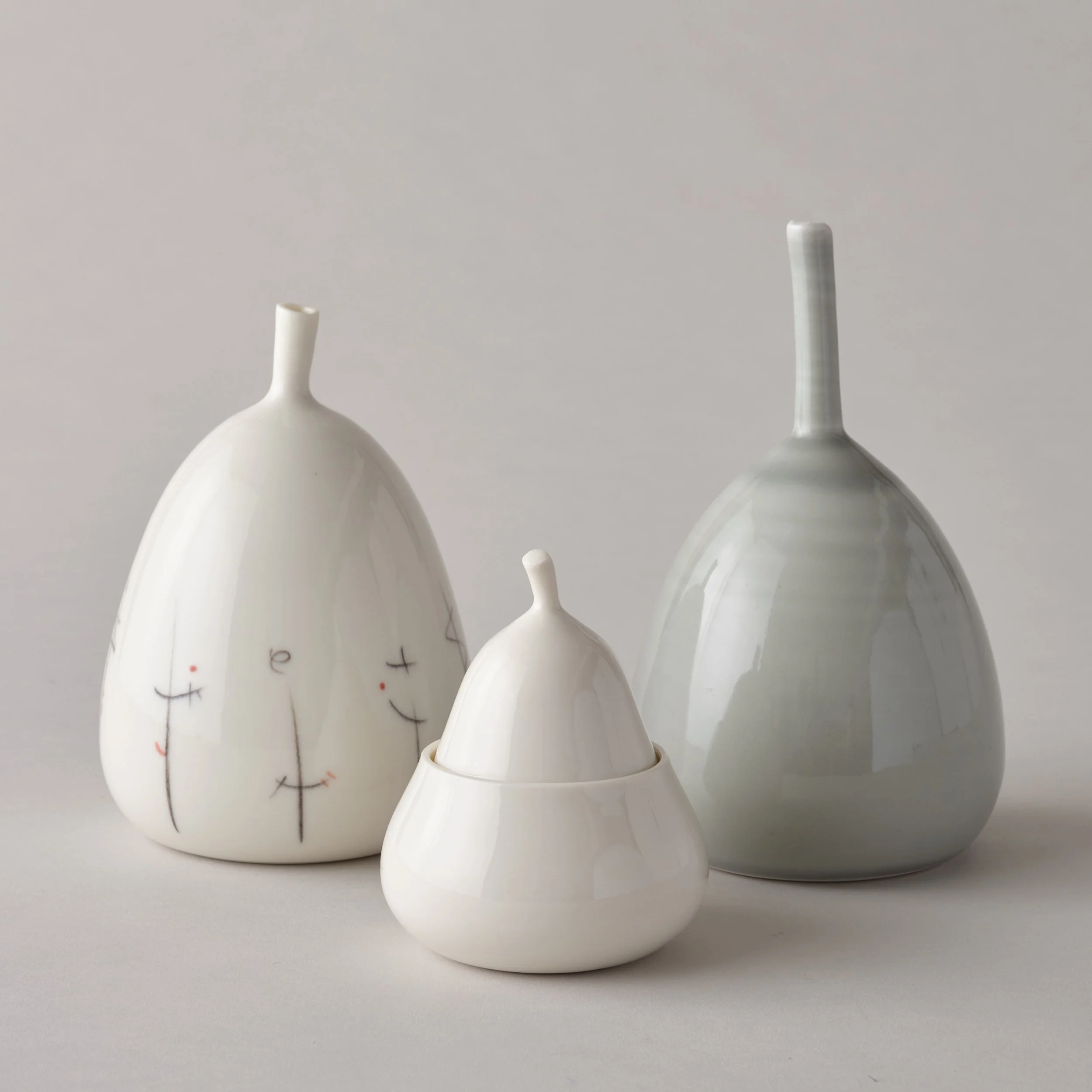 Birgit Pohl Ceramics two porcelain vases and lidded pear pot