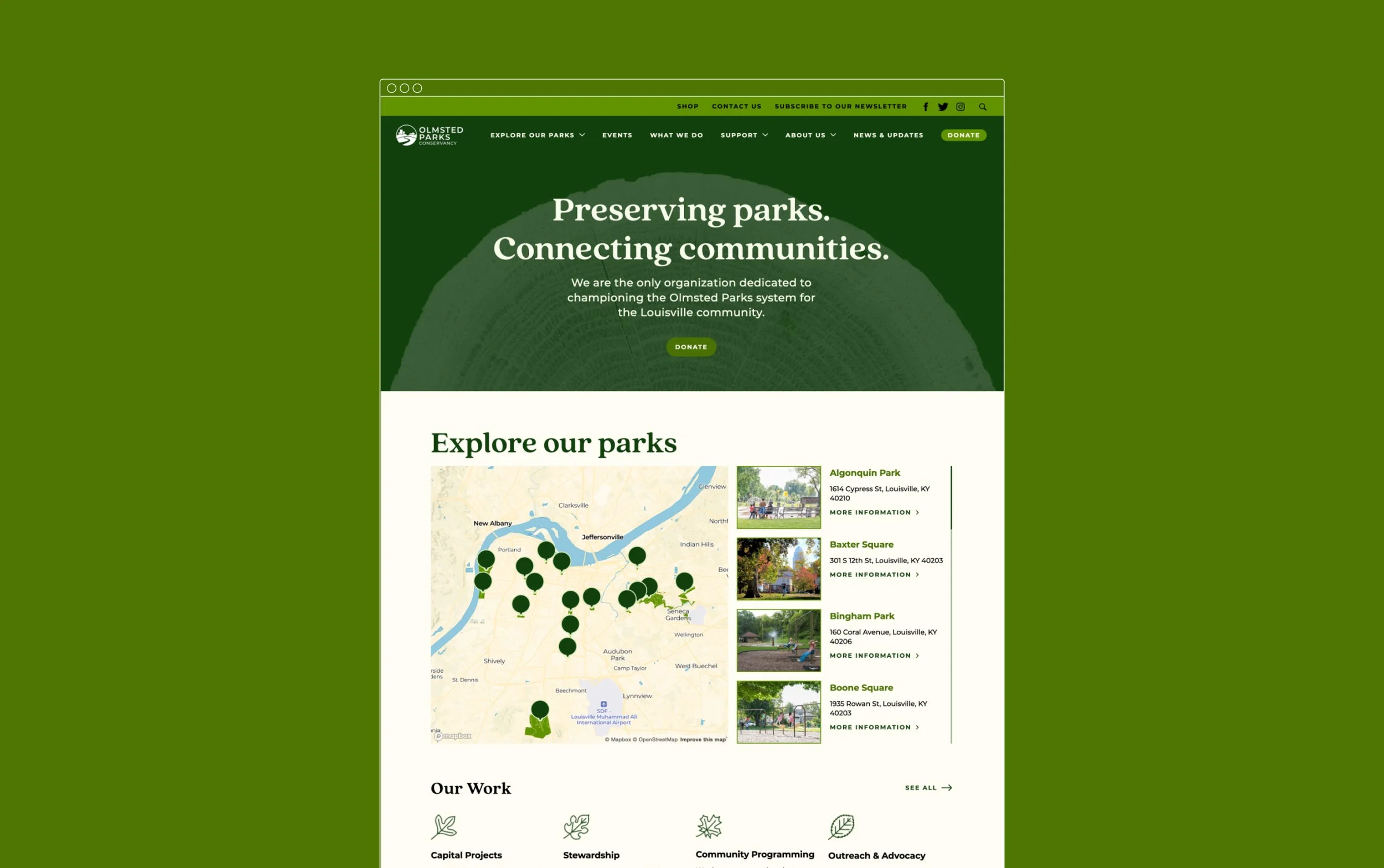 screenshot of the olmsted parks conservancy website