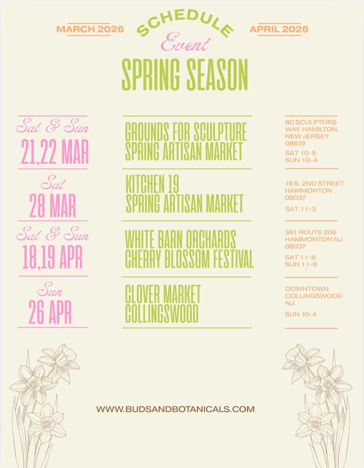 🌷Spring Festival Lineup🌷

I&rsquo;ve been hinting at some changes we are making this year regarding how we sell our flowers. Here&rsquo;s the first announcement! ✨ 
We&rsquo;ve been vending festivals for a few years now, specifically in the Fall- w
