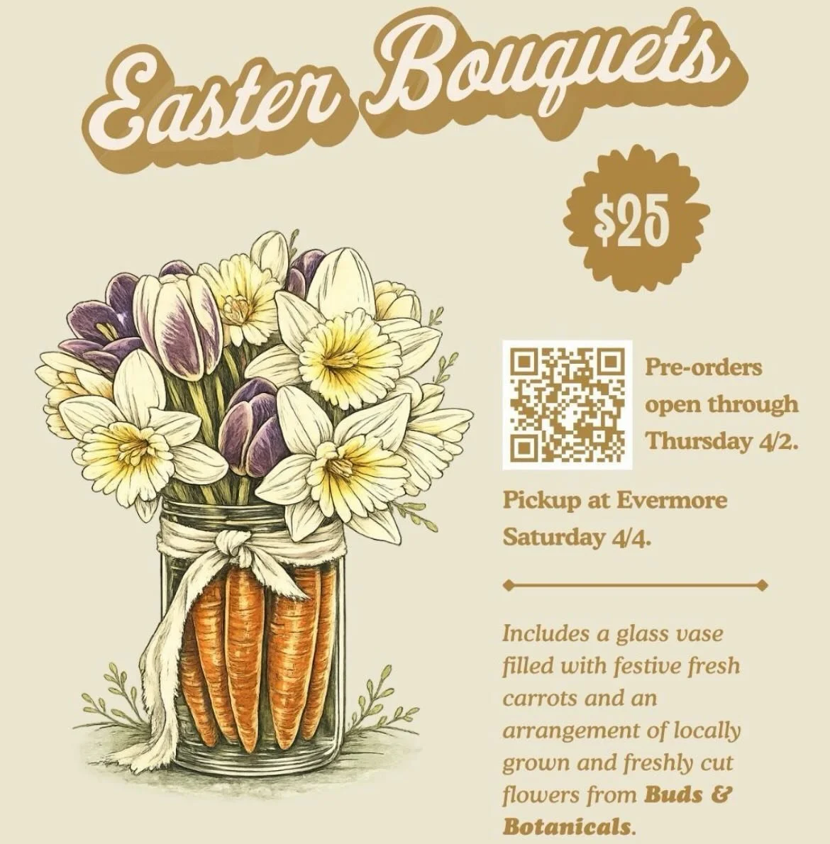 Officially one week to Easter Sunday! 🥕🐇🌷

We are excited for another year of teaming up with our friends @evermorecoffeeroasters for another flower season! 

Preorders are open until Thursday for a beautiful fun flower arrangement. Pickup is on S