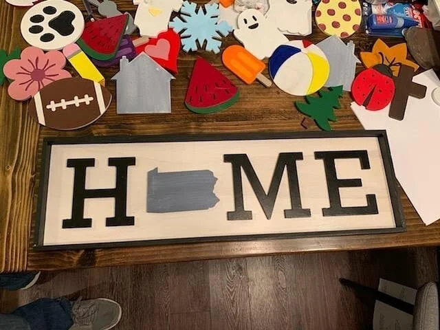 Interchangeable Welcome or Home signs with custom ornaments.  More ornaments available than shown in these pictures or custom made available upon request.  Please contact if interested