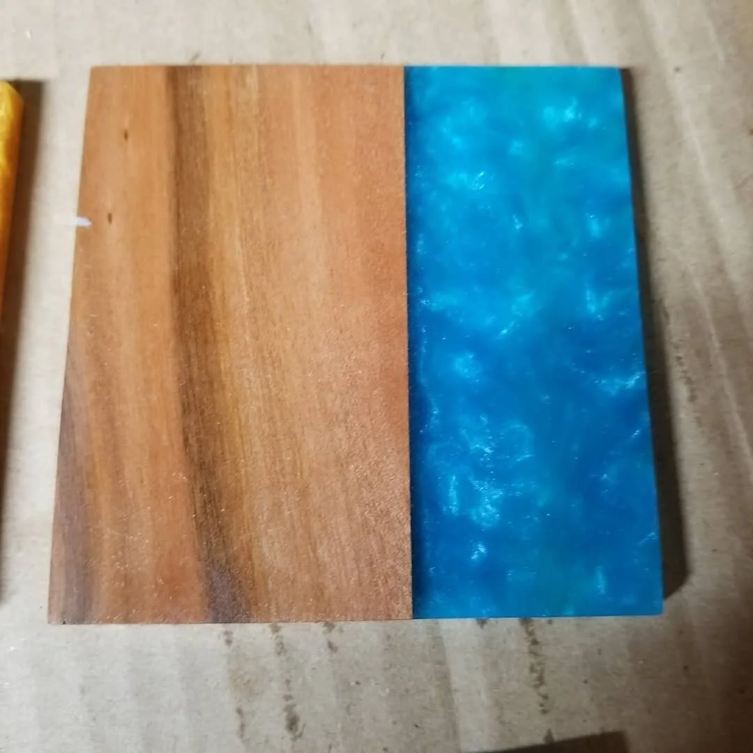 Finished epoxy resin coasters with hardwoods.  First is red mahogany and second is black walnut.  Available for sale, $15 for a set of 3.  Message me if your interested